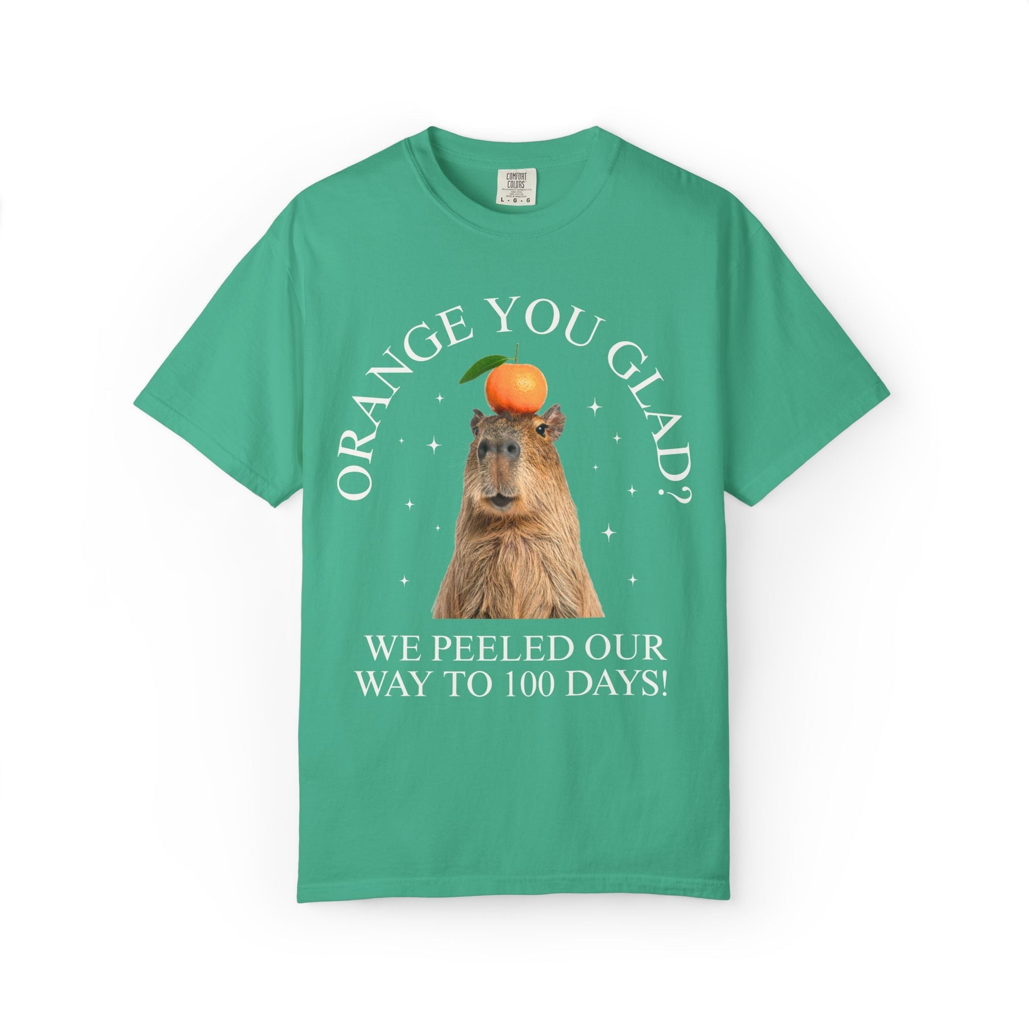 100 Days of School Animal Lover Tee Shirt with Funny Capybara Balancing an Orange, Silly Goblincore Weirdcore Tee, Matching Teacher Tee - Opal and June