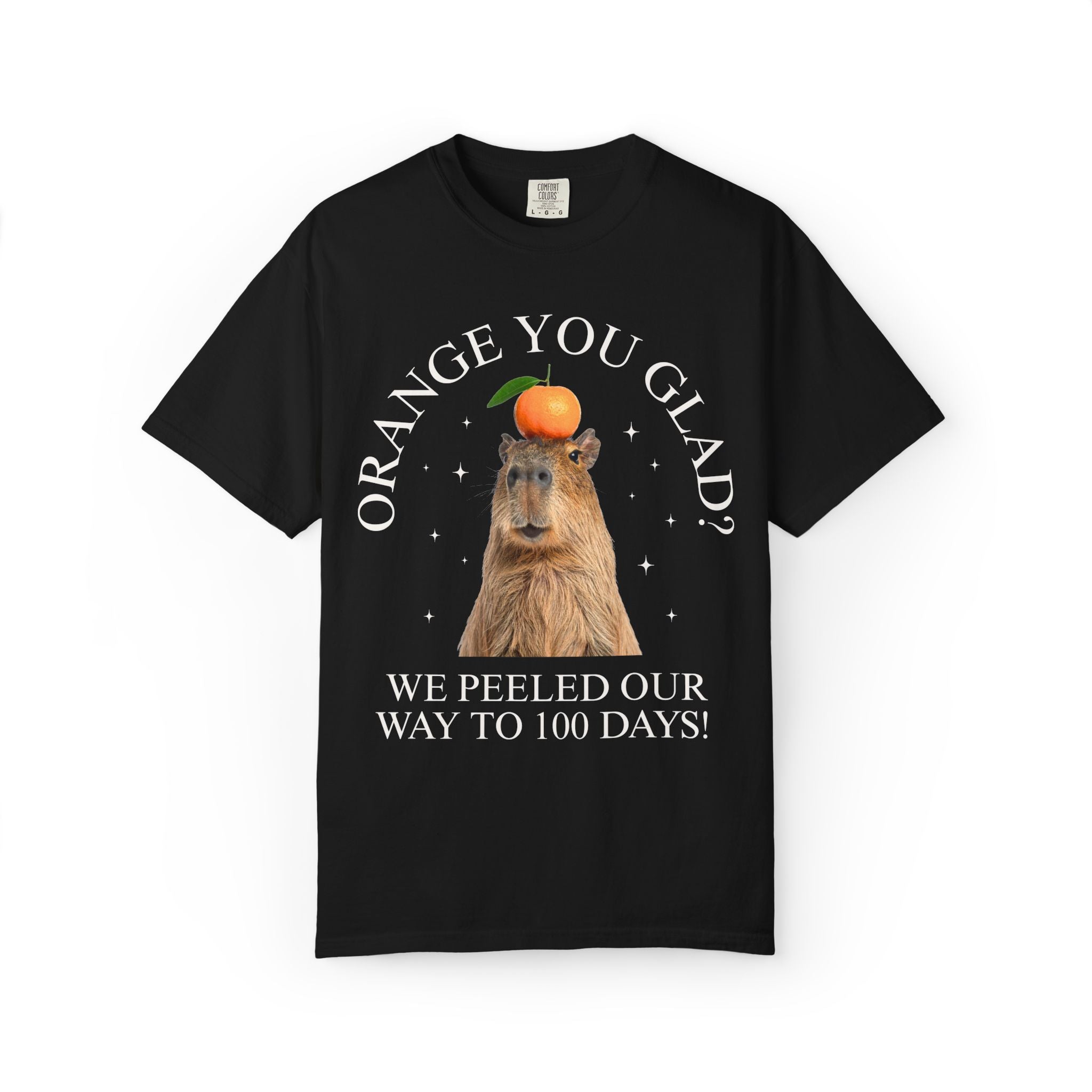 100 Days of School Animal Lover Tee Shirt with Funny Capybara Balancing an Orange, Silly Goblincore Weirdcore Tee, Matching Teacher Tee - Opal and June