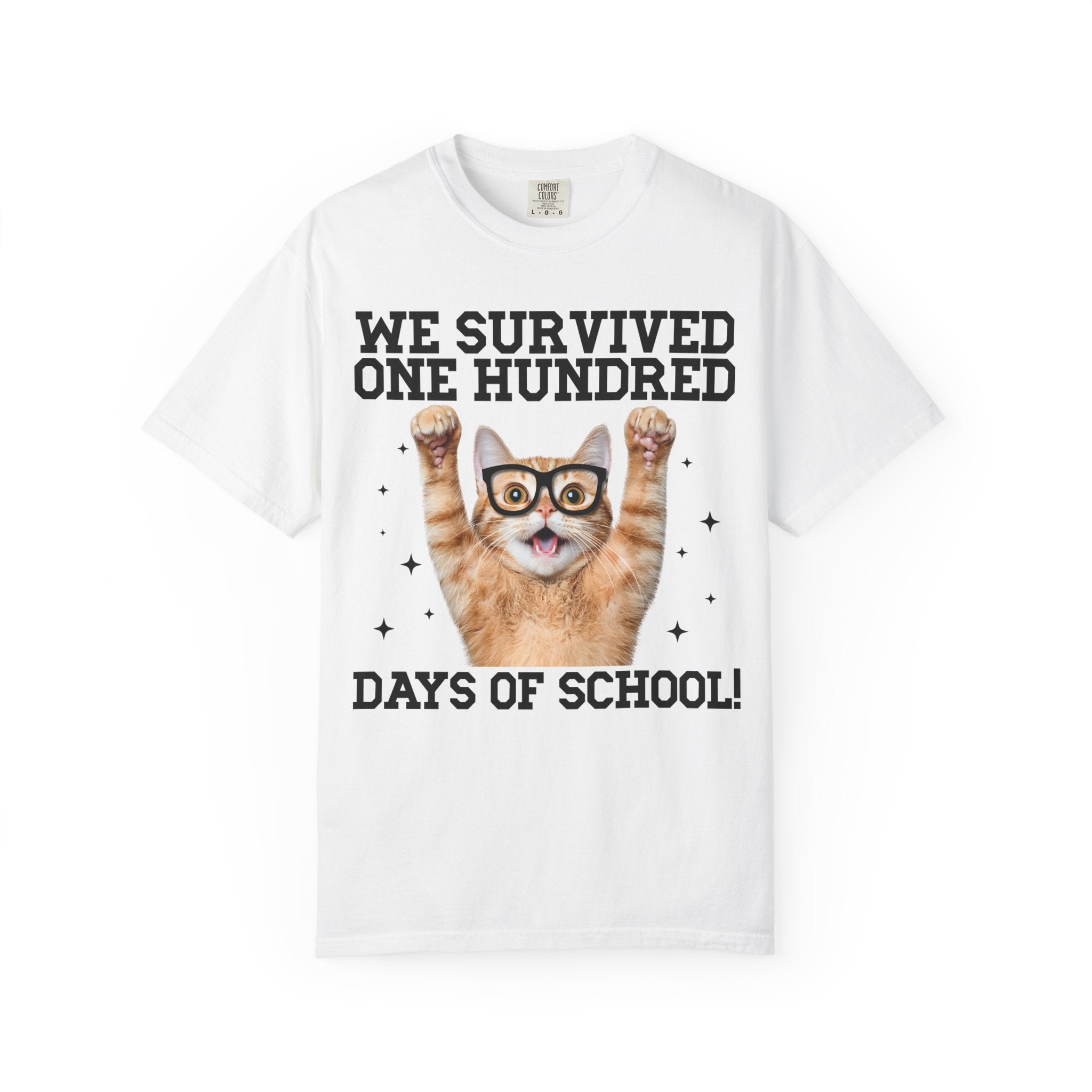 100 Days of School Cat Lover Tee Shirt for Elementary School Teacher, Cute School Principal T-Shirt with Stars, School Librarian 100 Days T - Opal and June