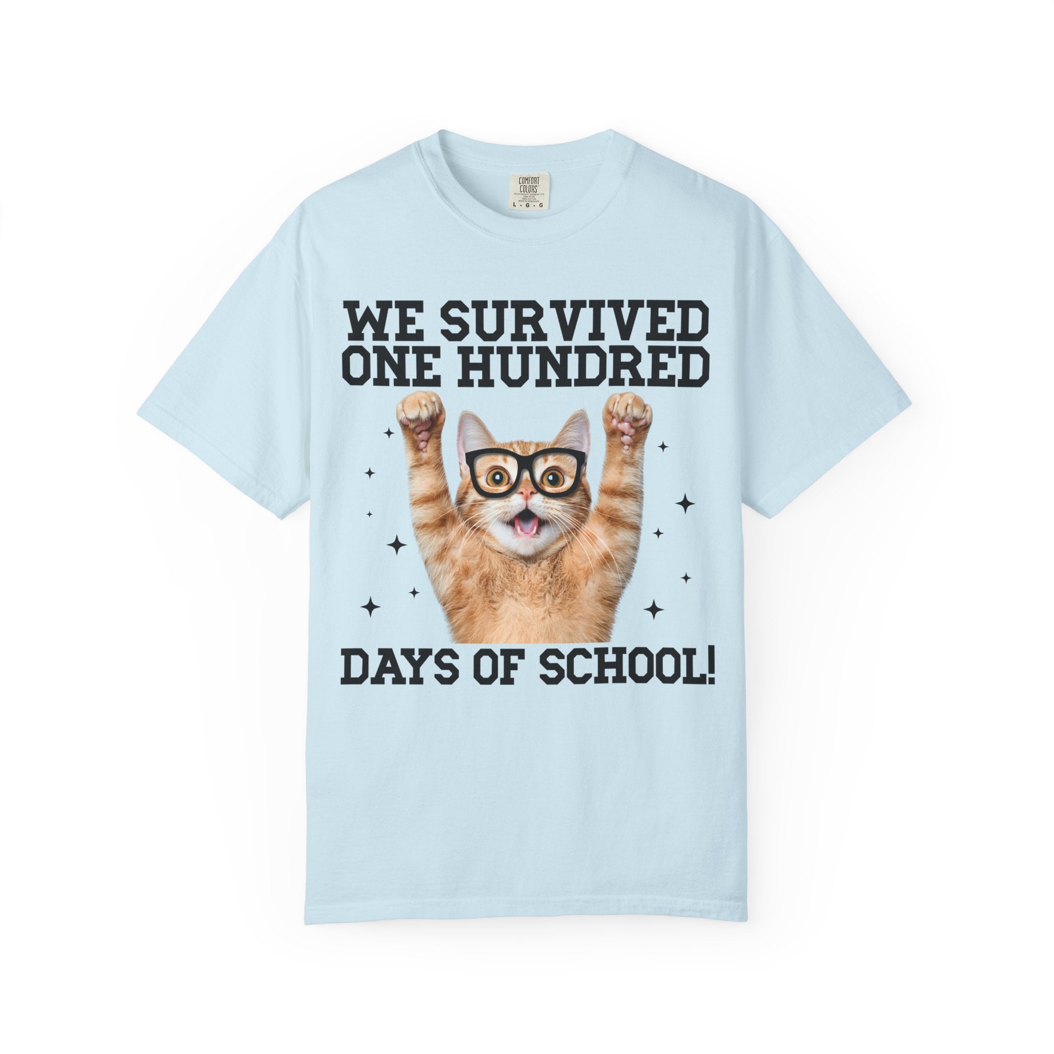 100 Days of School Cat Lover Tee Shirt for Elementary School Teacher, Cute School Principal T-Shirt with Stars, School Librarian 100 Days T - Opal and June