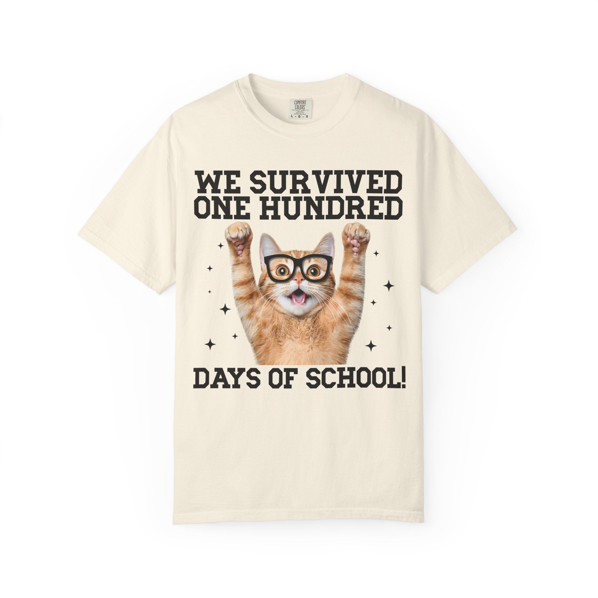 100 Days of School Cat Lover Tee Shirt for Elementary School Teacher, Cute School Principal T-Shirt with Stars, School Librarian 100 Days T - Opal and June