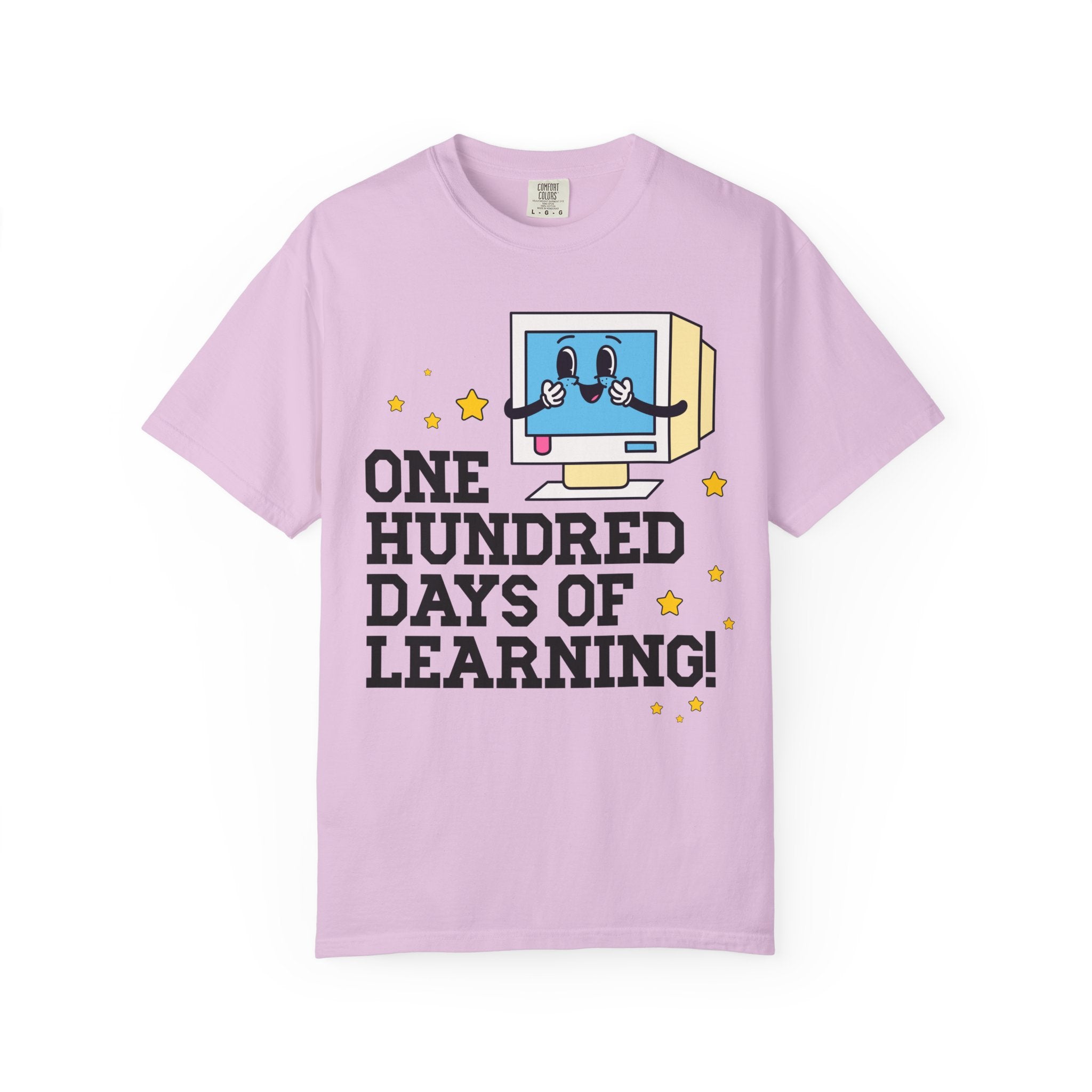 100 Days of School Computer Science or Technology Teacher T-Shirt, Cute Retro Aesthetic Middle School or High School Teacher Tee with Stars - Opal and June