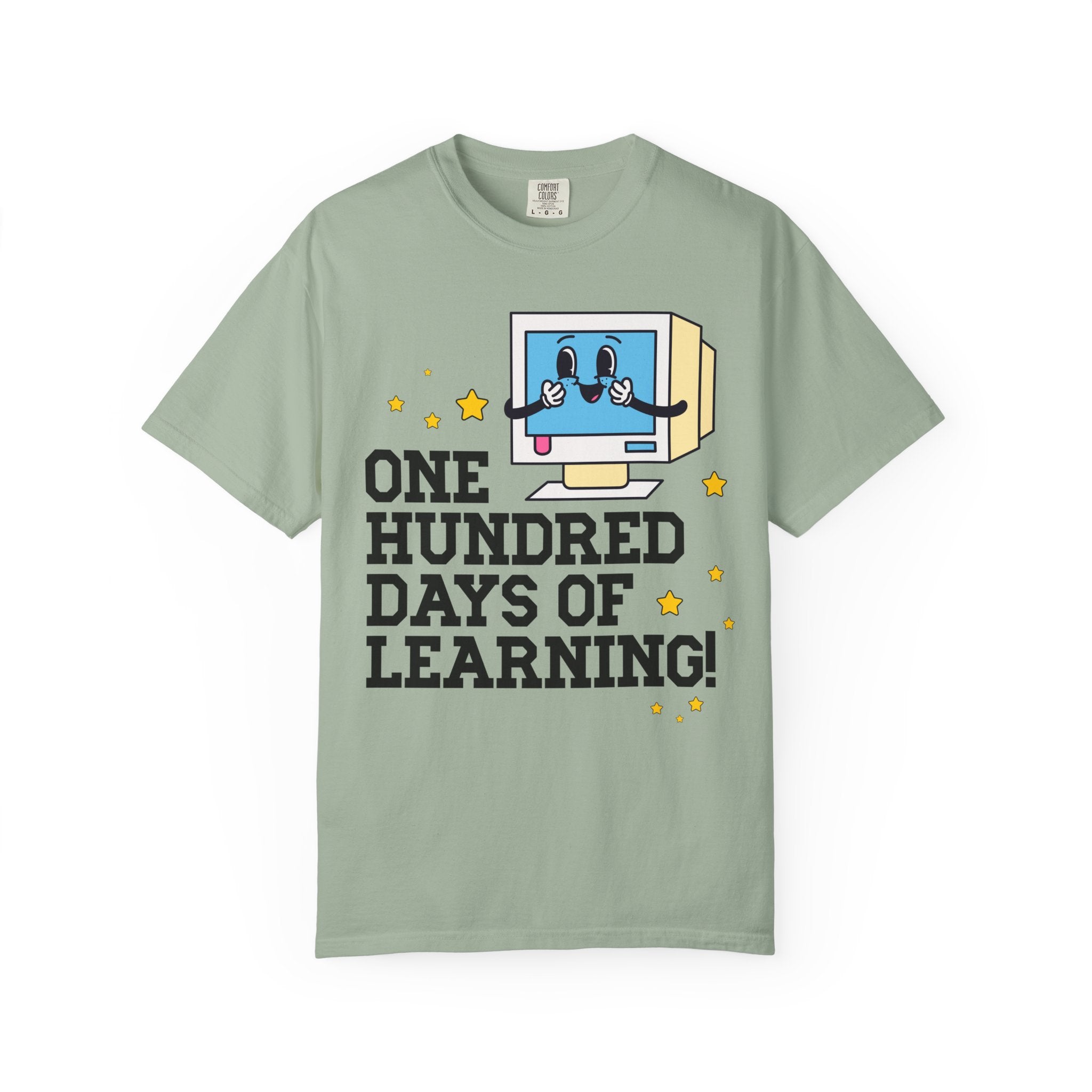 100 Days of School Computer Science or Technology Teacher T-Shirt, Cute Retro Aesthetic Middle School or High School Teacher Tee with Stars - Opal and June