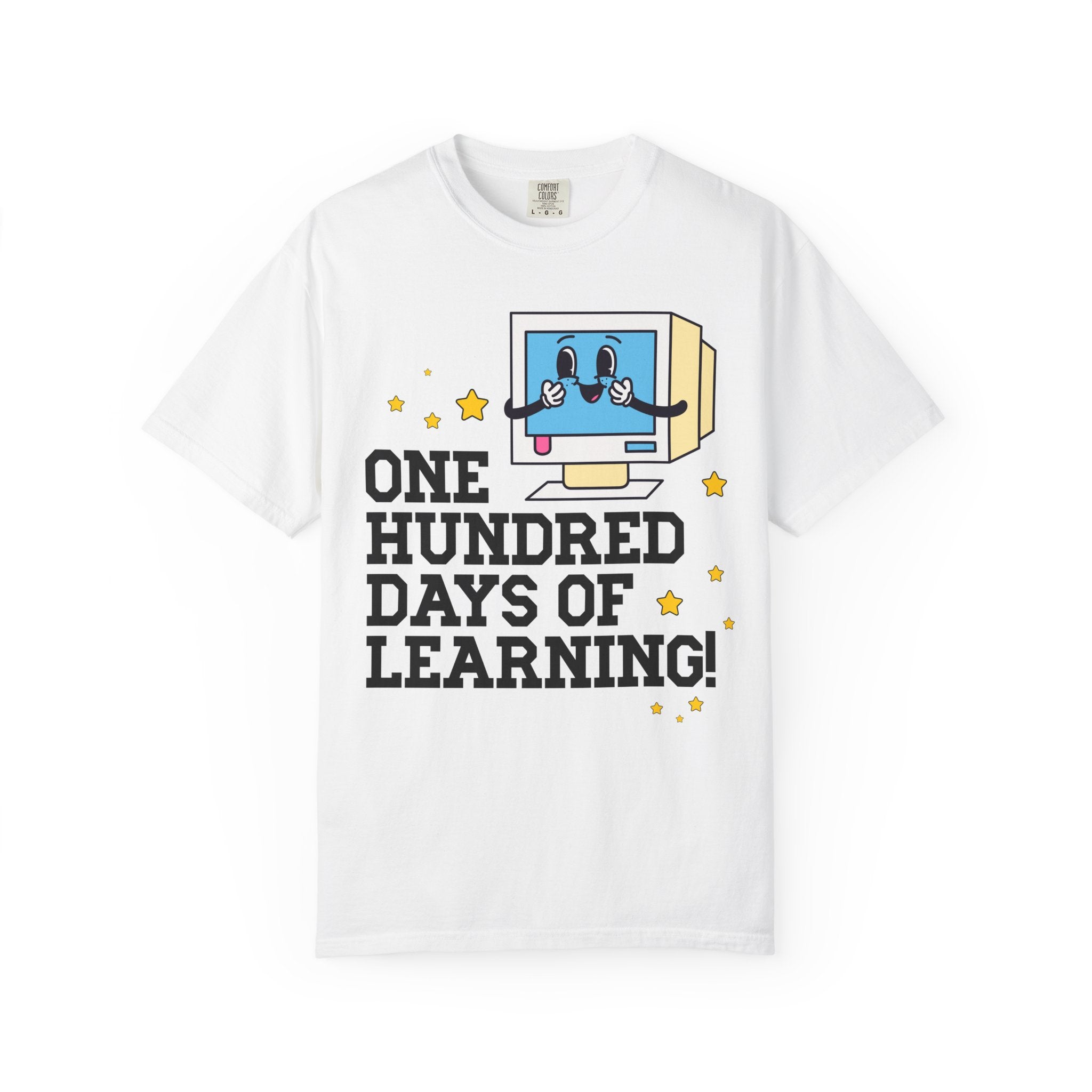 100 Days of School Computer Science or Technology Teacher T-Shirt, Cute Retro Aesthetic Middle School or High School Teacher Tee with Stars - Opal and June