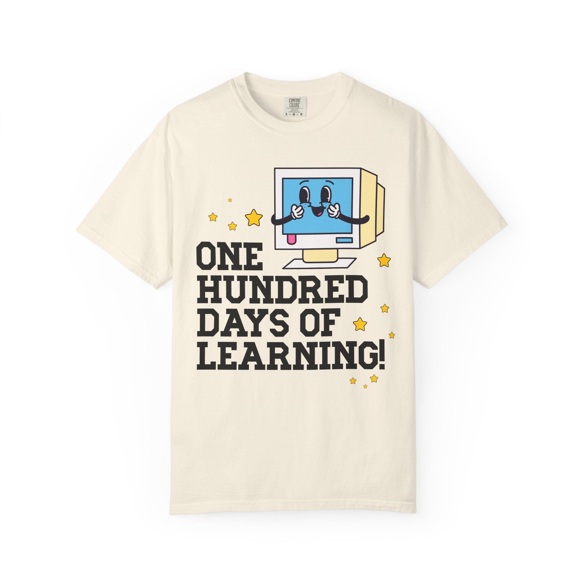 100 Days of School Computer Science or Technology Teacher T-Shirt, Cute Retro Aesthetic Middle School or High School Teacher Tee with Stars - Opal and June
