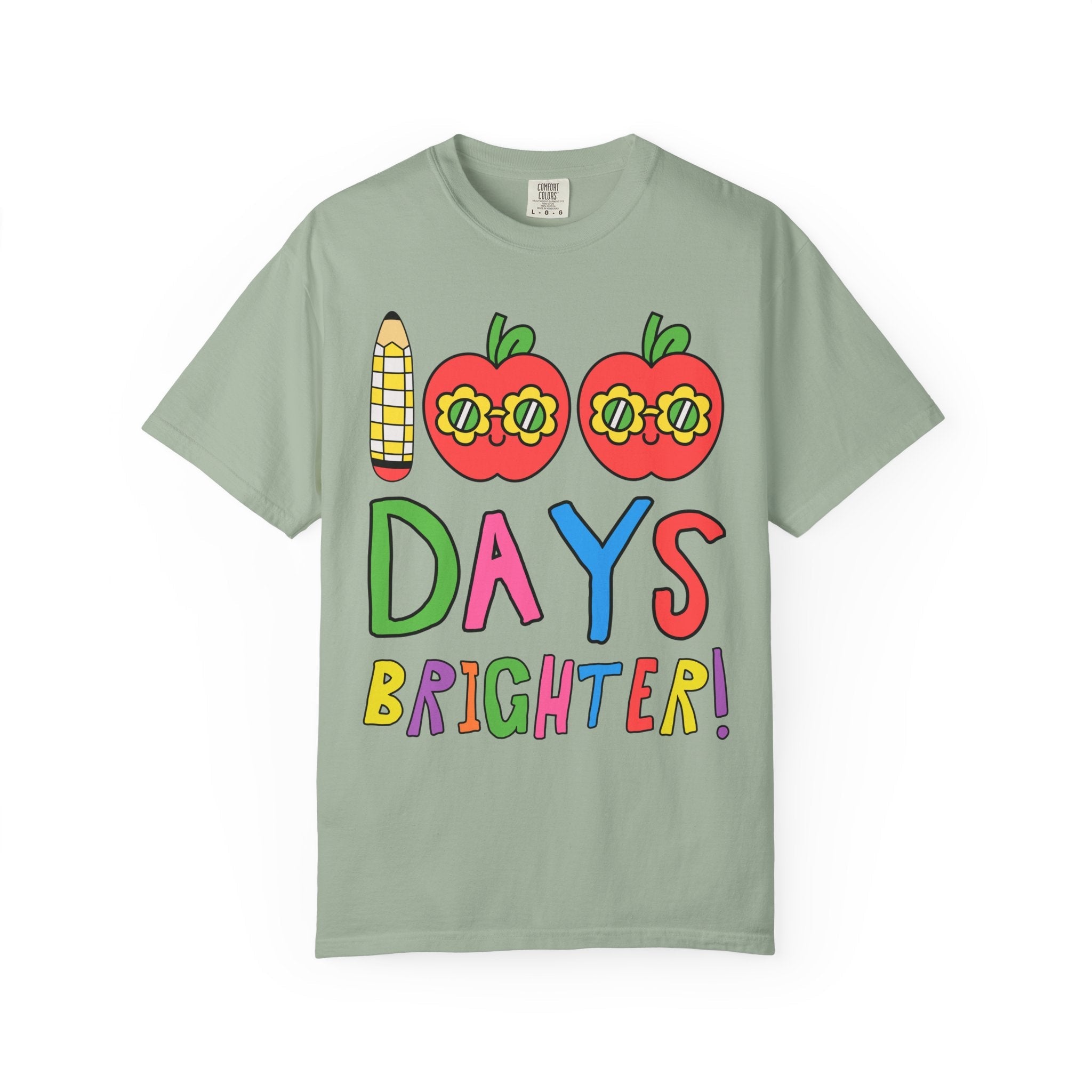 100 Days of School Matching Teacher T-Shirt with Retro Apples: 100 Days Brighter! | Cute Nostalgic Teacher T-Shirt for First or Second Grade - Opal and June
