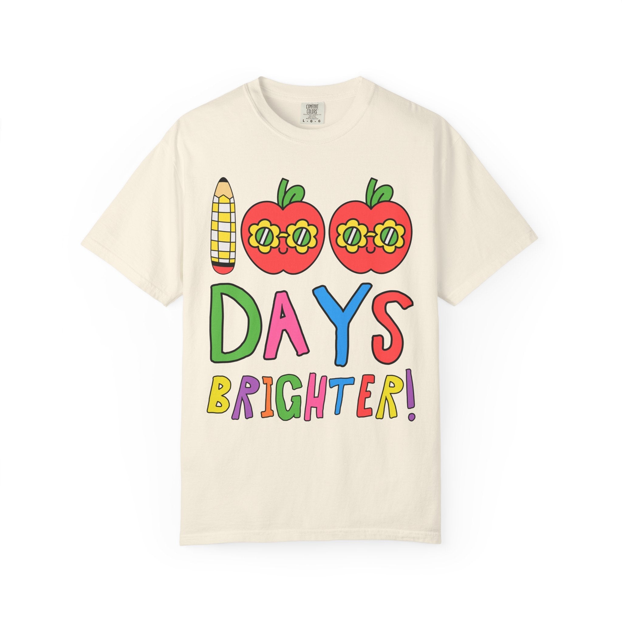 100 Days of School Matching Teacher T-Shirt with Retro Apples: 100 Days Brighter! | Cute Nostalgic Teacher T-Shirt for First or Second Grade - Opal and June