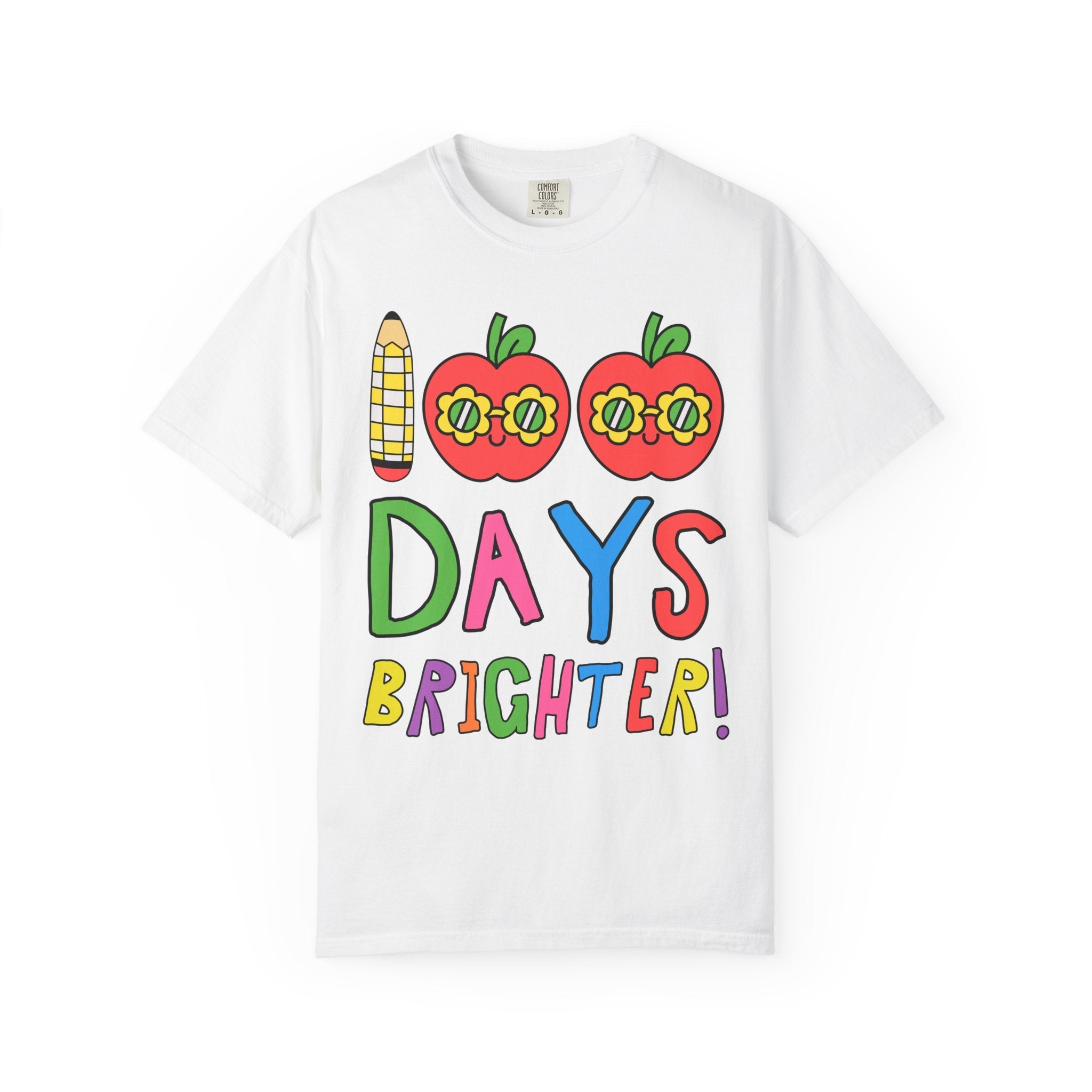 100 Days of School Matching Teacher T-Shirt with Retro Apples: 100 Days Brighter! | Cute Nostalgic Teacher T-Shirt for First or Second Grade - Opal and June