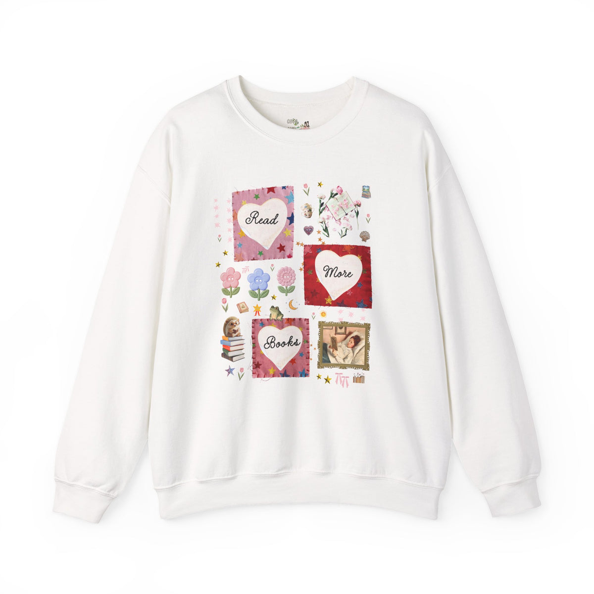 Read More Books Maximalist Collage Sweatshirt with Hearts and Flowers, Whimsy Kitschy Soft Girl Style Crewneck for Book Lover or Bookworm
