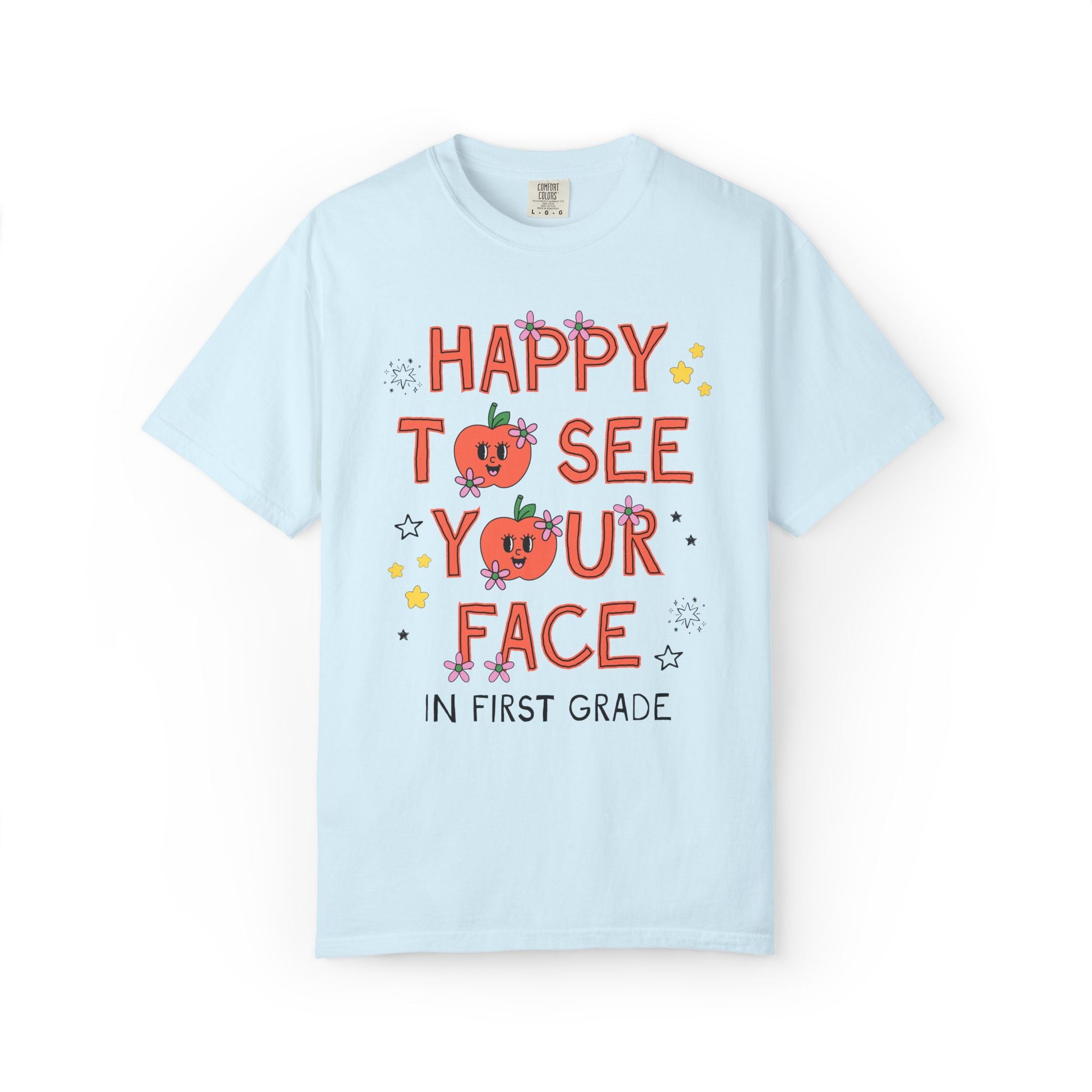 First Grade Teacher Team Tee Shirt: Happy to See Your Face | Cute Back to School T-Shirt with Retro Apples and Flowers, First Day of School