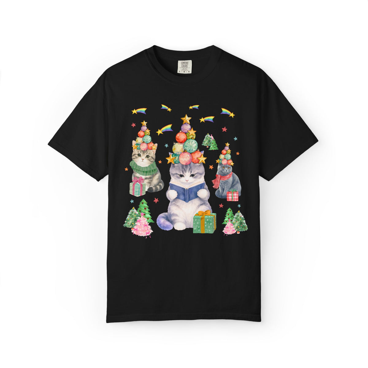 Bookish Cat Christmas Tee Shirt with Shooting Rainbow Stars, Funny Dreamcore Kitten 90s Aesthetic T-Shirt for Cat Mom or Cat Dad, Animal Lover Tee