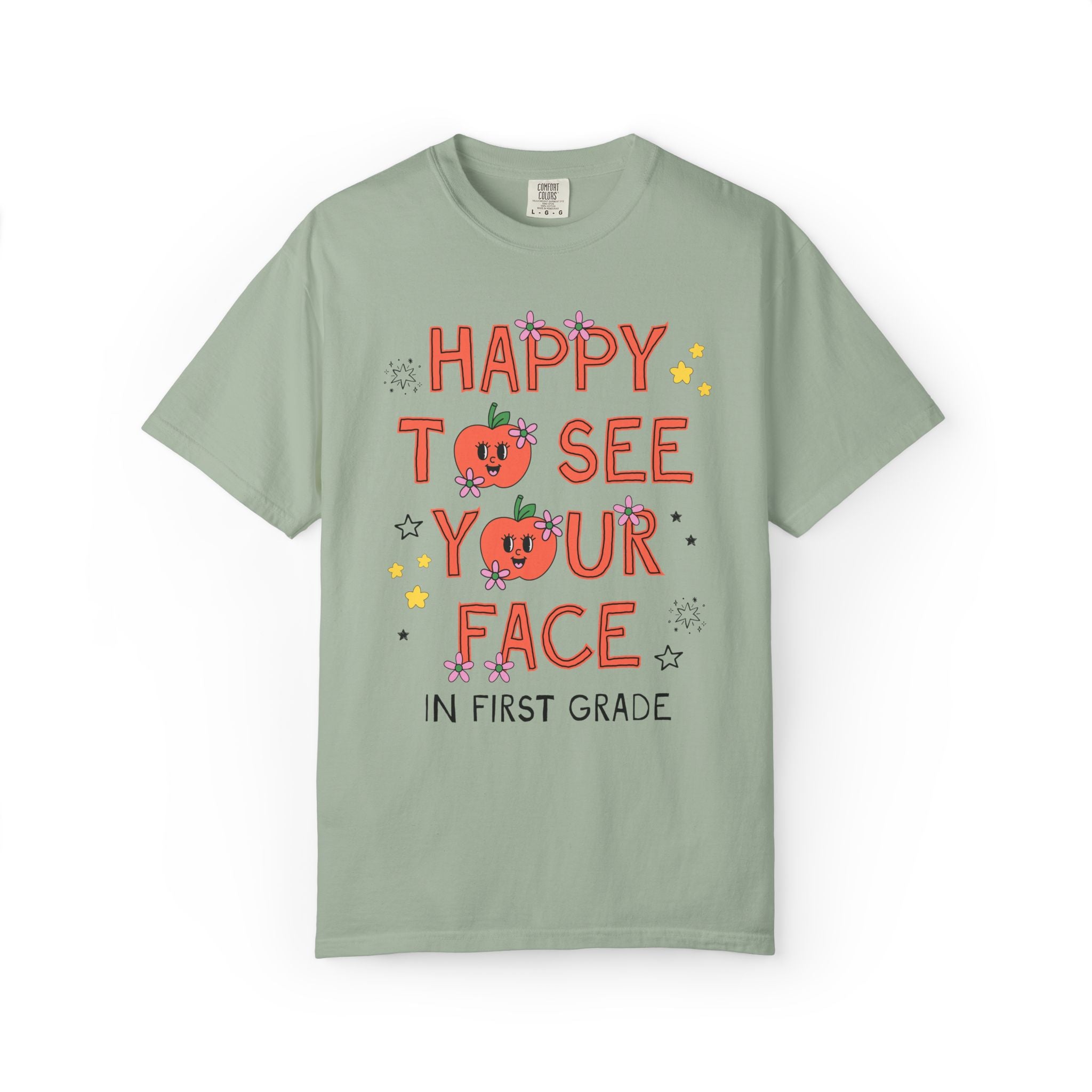First Grade Teacher Team Tee Shirt: Happy to See Your Face | Cute Back to School T-Shirt with Retro Apples and Flowers, First Day of School