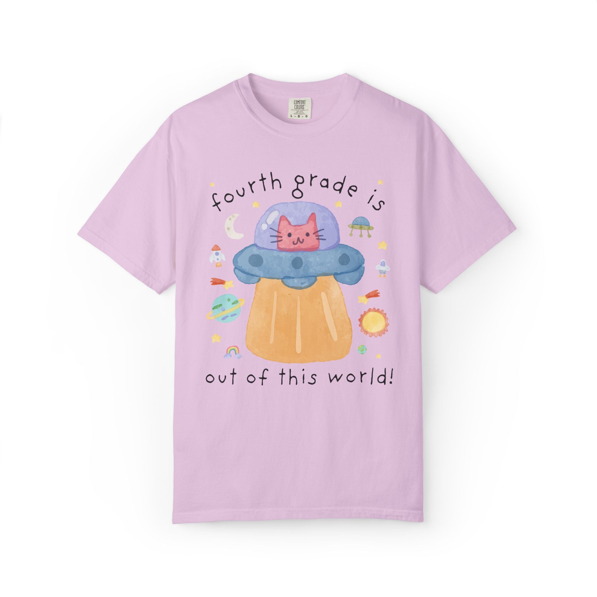 Matching Cat Mom Teacher Tee Shirt with Kitten in a UFO: Learning is Out of this World 90s Throwback Tee for Grade Level, Science Teacher