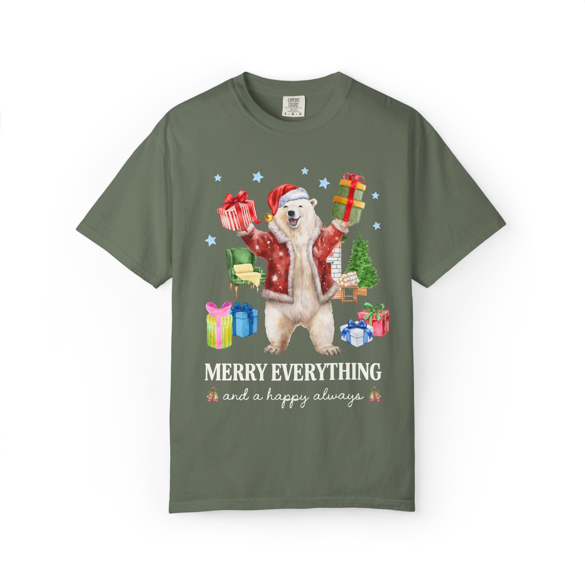 Kitschy Animal Lover Christmas Tee Shirt with Polar Bear Holding Presents: Merry Everything and a Happy Always, Silly Maximalist Xmas Tee