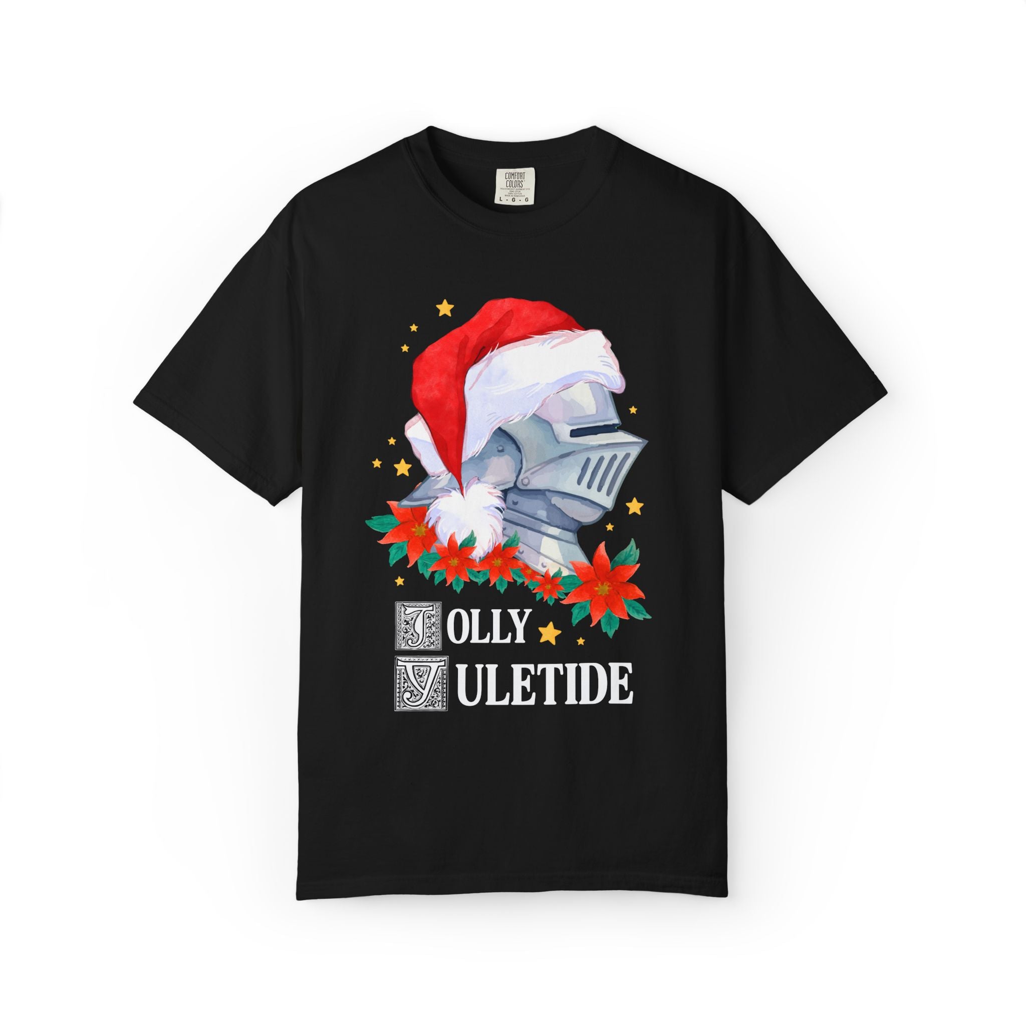 Medieval Christmas Tee Shirt with Knight Wearing a Santa Hat: Jolly Yuletide Silly History Lover T-Shirt, Funny Middle Ages Holiday T-Shirt