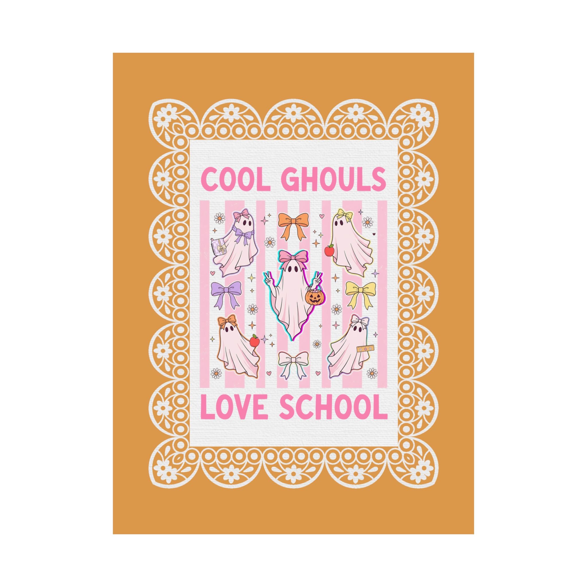 Cool Ghouls Love School Halloween Teacher Poster Print with Pink Stripes and Cute Ghosts, Matching Halloween School Office Staff Wall Decor