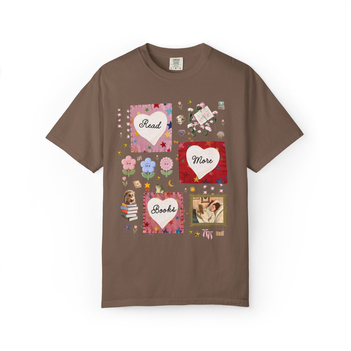 Read More Books Maximalist Collage T-Shirt with Hearts and Flowers, Whimsy Kitschy Soft Girl Style Tee Shirt for Book Lover or Bookworm