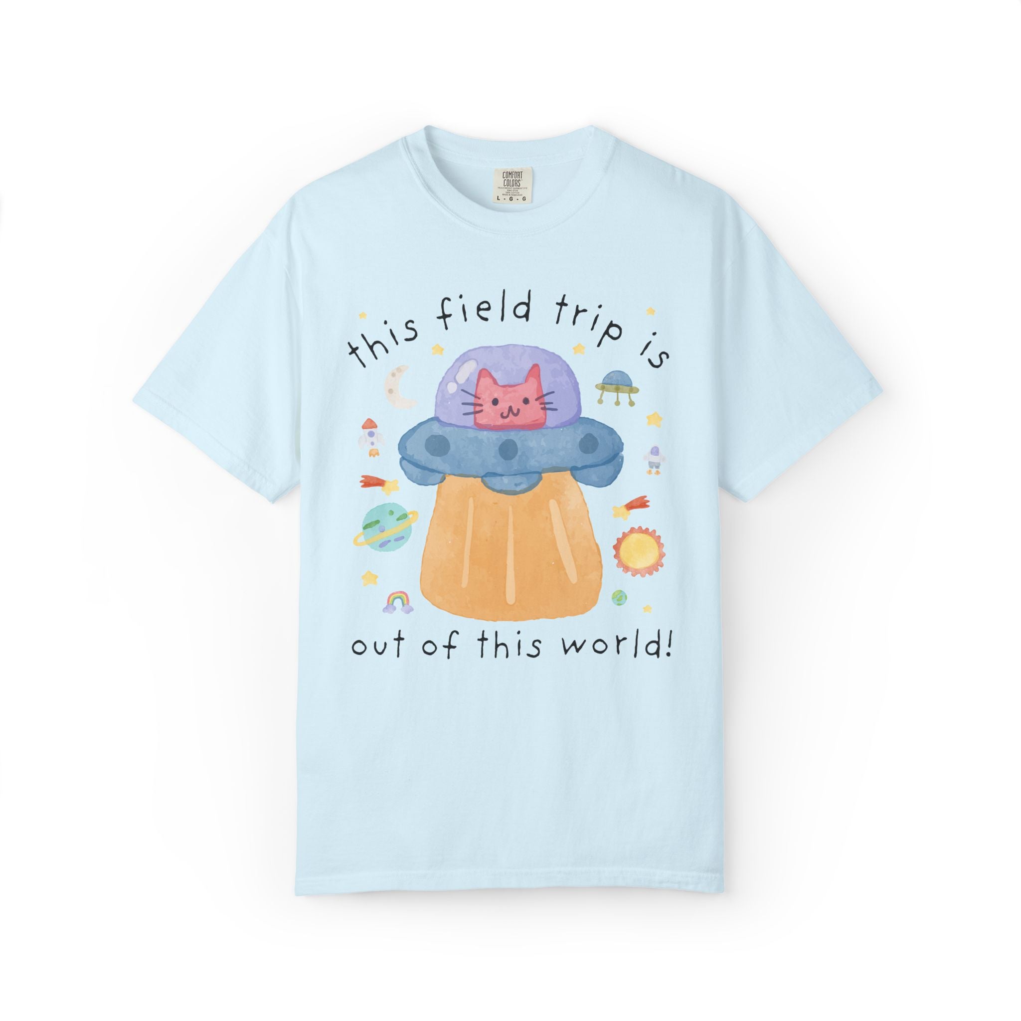 Matching Cat Mom Teacher Tee Shirt with Kitten in a UFO: Learning is Out of this World 90s Throwback Tee for Grade Level, Science Teacher
