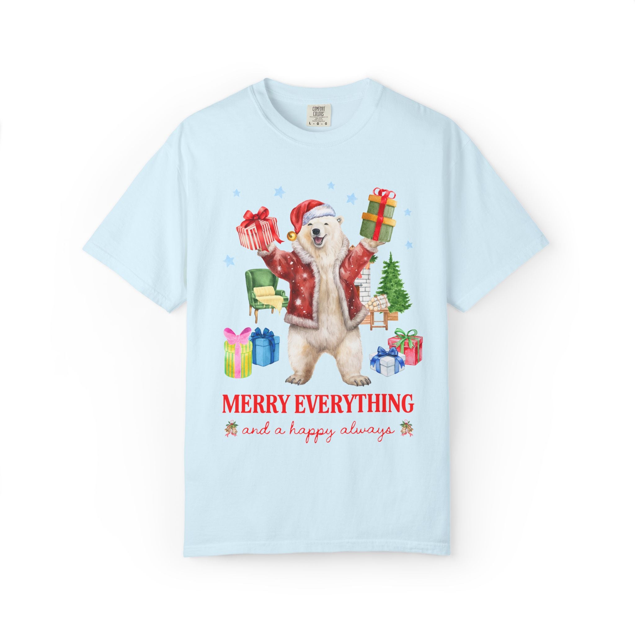 Kitschy Animal Lover Christmas Tee Shirt with Polar Bear Holding Presents: Merry Everything and a Happy Always, Silly Maximalist Xmas Tee