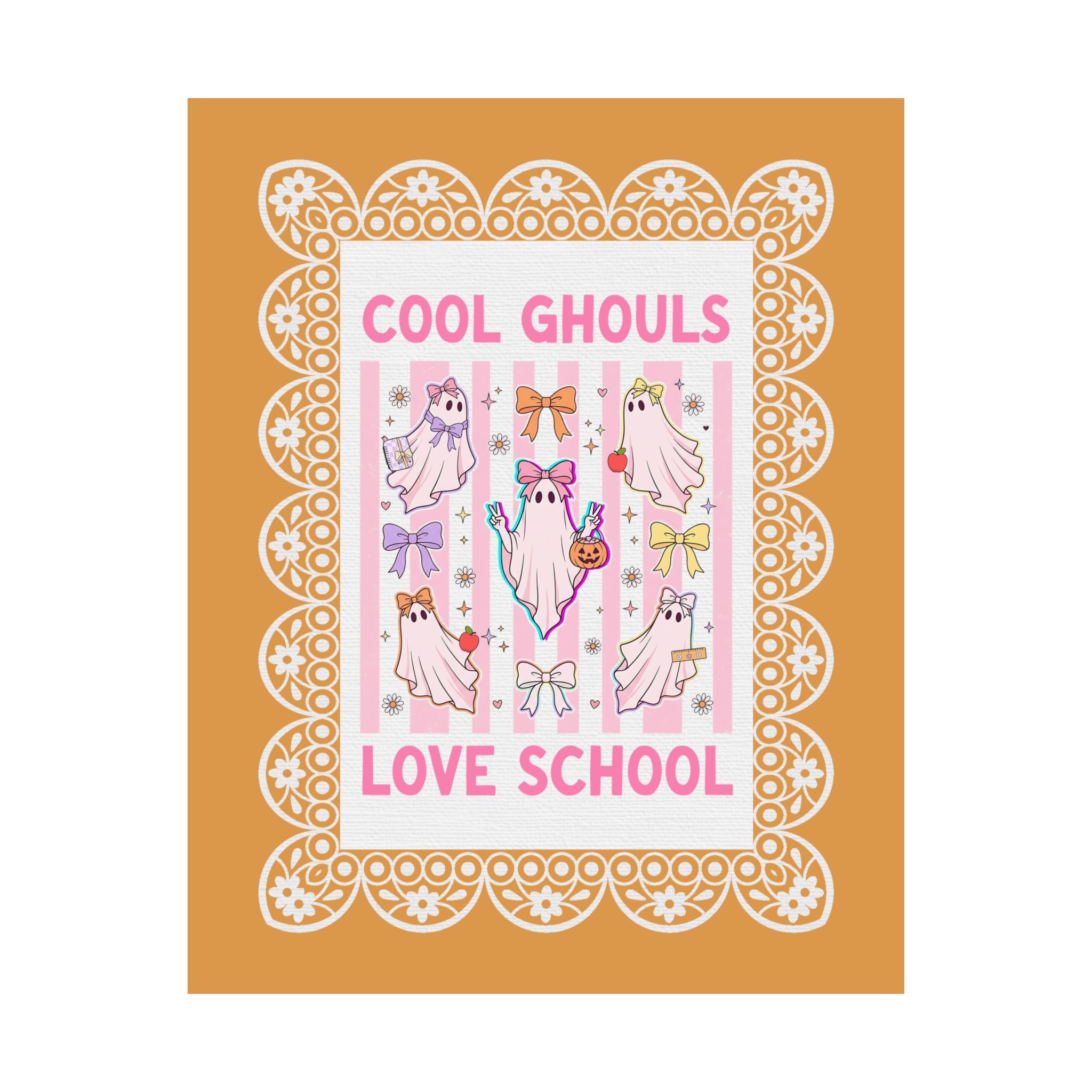 Cool Ghouls Love School Halloween Teacher Poster Print with Pink Stripes and Cute Ghosts, Matching Halloween School Office Staff Wall Decor