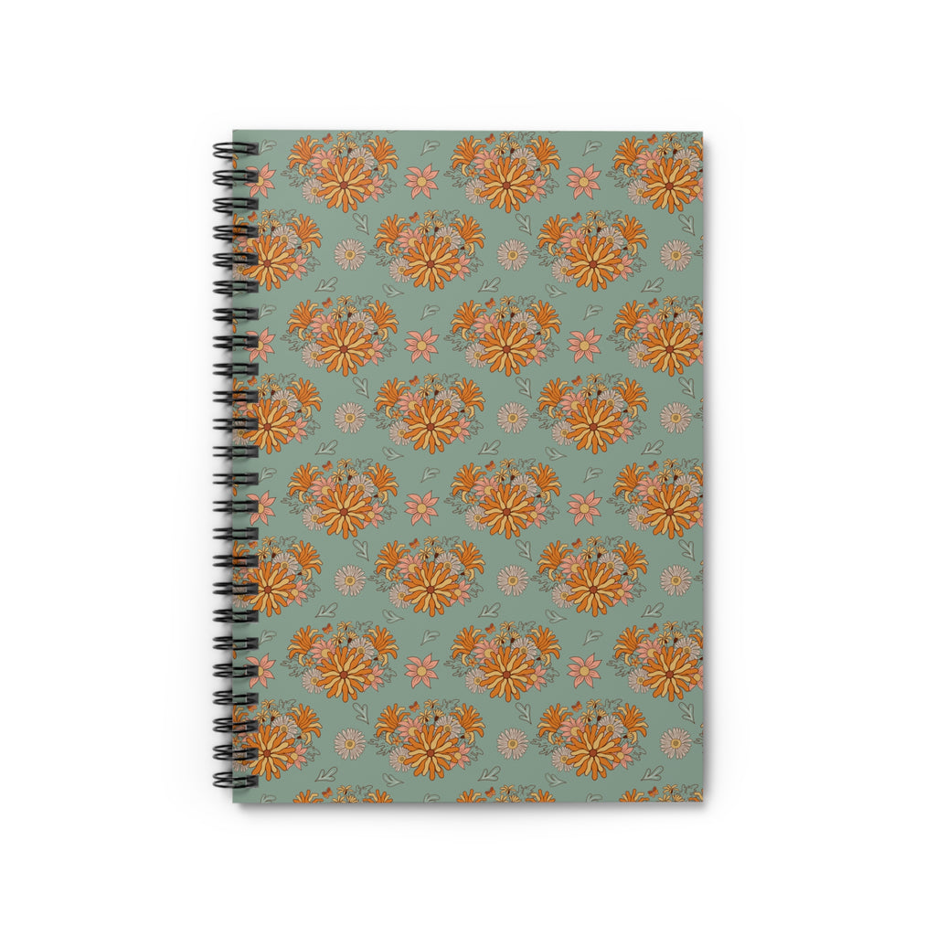 Groovy Vintage Aesthetic Notebook with Orange Flowers and Teal Background