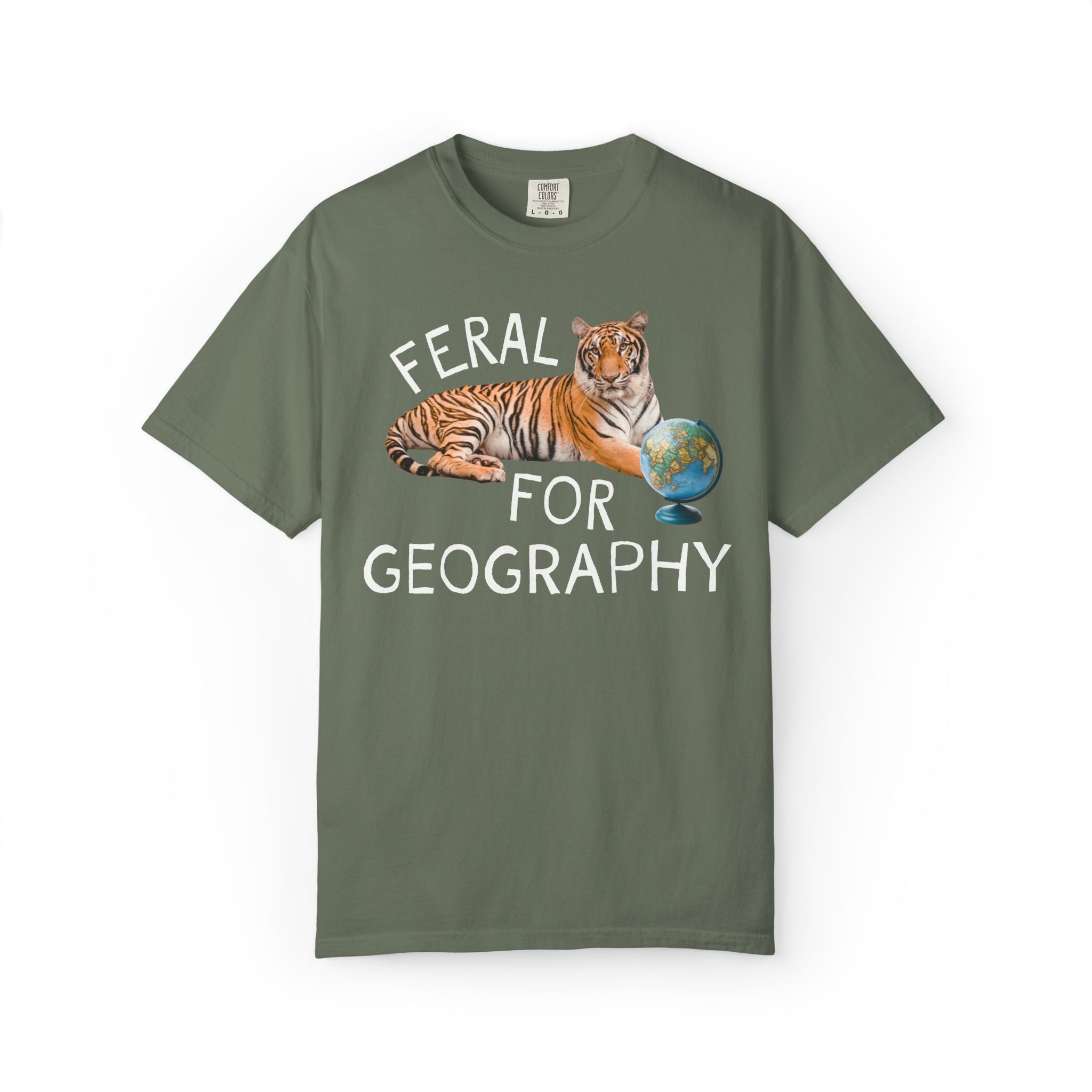 Geography Lover Tee for Middle School Teacher: Feral for Geography, Silly Animal Lover T-Shirt with Tiger Holding Books, Matching Teacher T