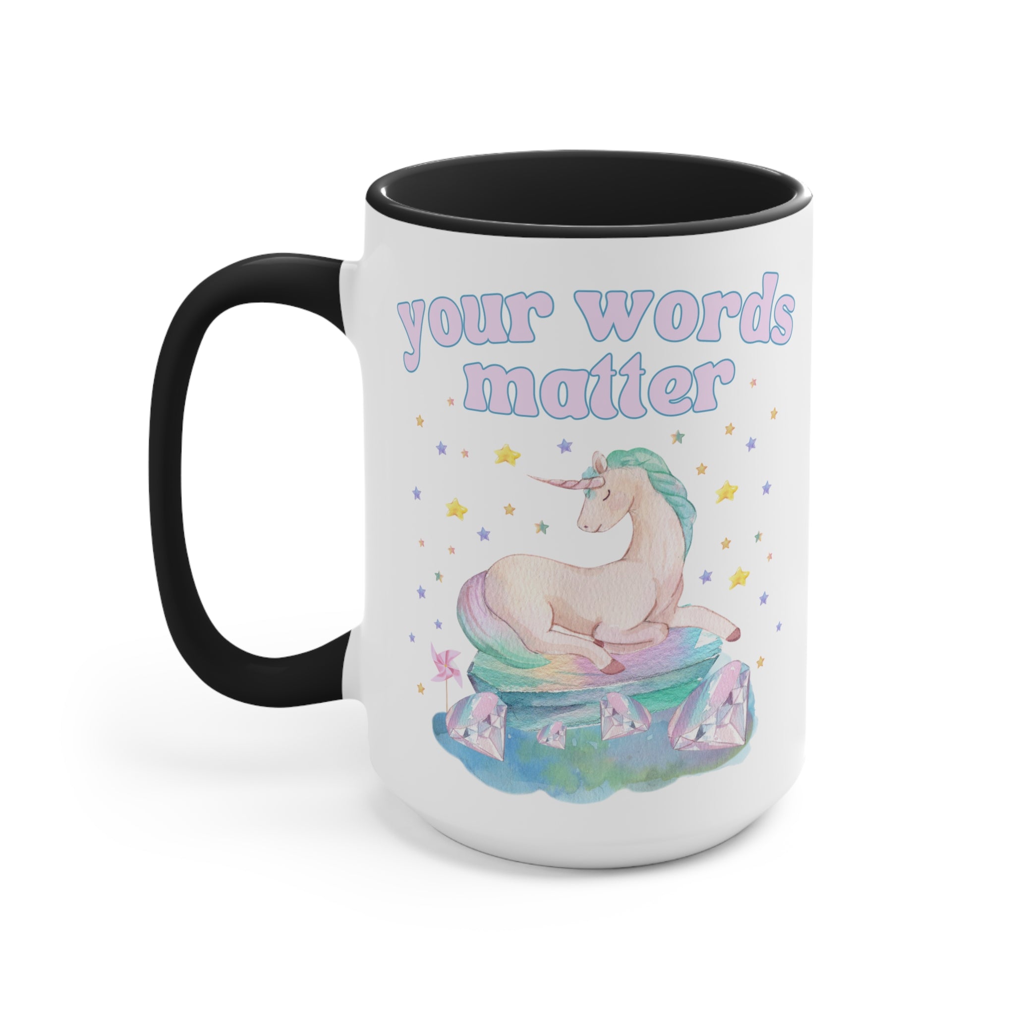 Your Words Matter: 15 Oz Coffee Mug | Gift for Speech Apraxia Therapist or Special Education Teacher, Creative Dreamcore Mug with Unicorn
