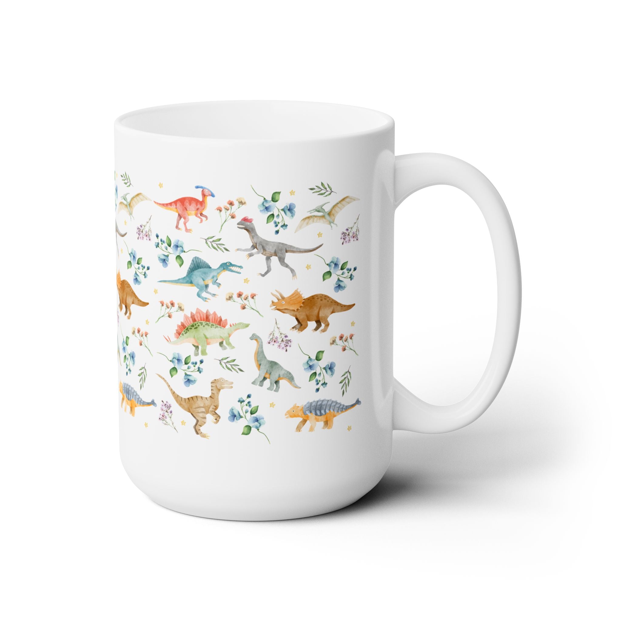Boho Floral Dinosaur Mug with Stars: Cute Goblincore Dinosaur Lover Coffee Mug for Paleontologist or Science Teacher, Dinosaur Birthday Gift