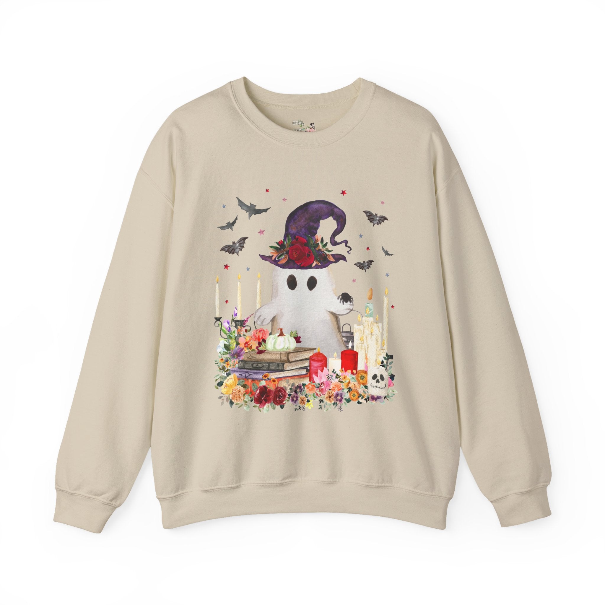 Ghost Sweatshirt for Halloween: Ghost with Flowers and Books | Cute Halloween Sweatshirt, Boho Halloween, Spooky Sweatshirt with Bats