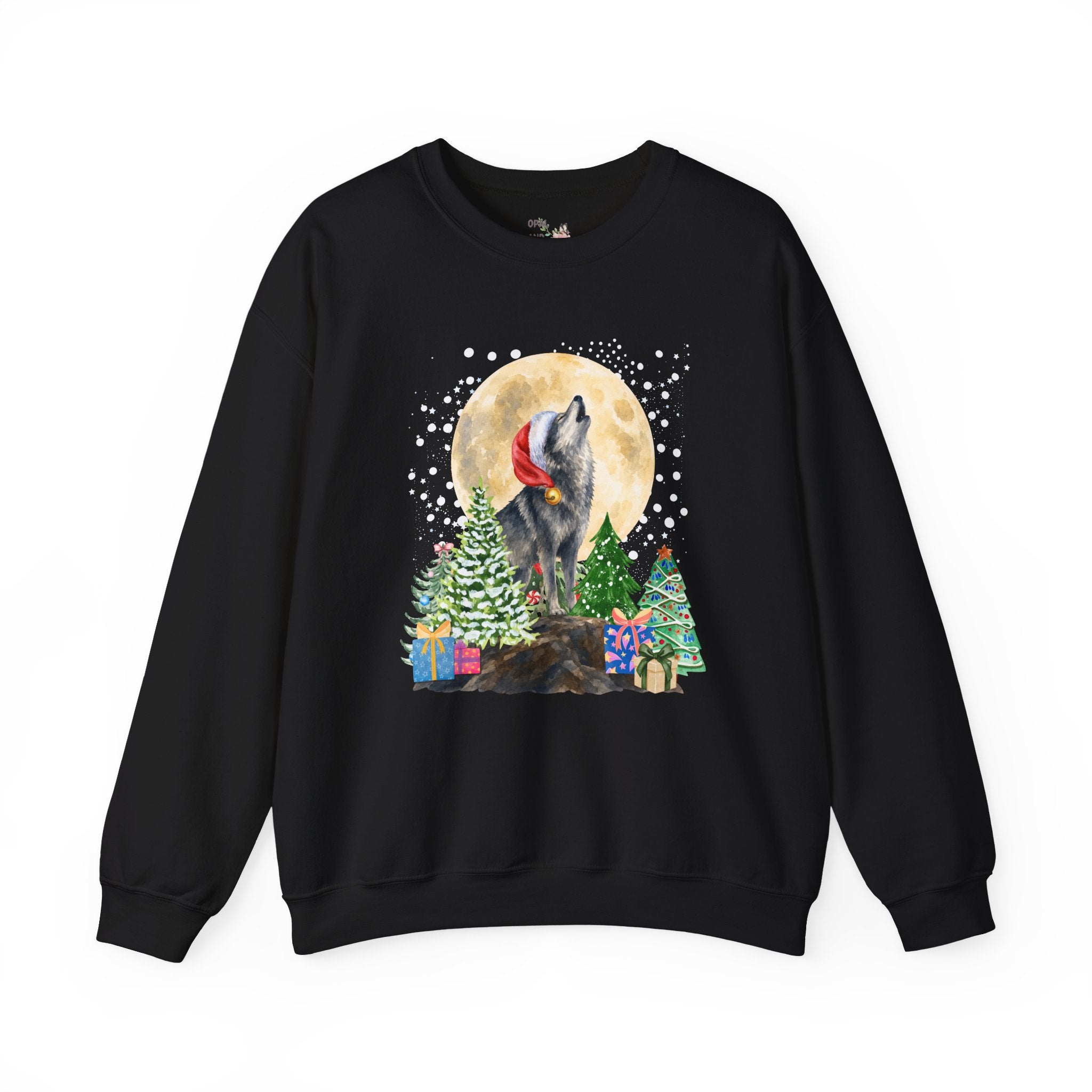 Kitschy Wolf Christmas Sweatshirt for Animal Lover, Maximalist Funny Wolf Sweatshirt of a Wolf Wearing a Santa Hat, Silly Goblincore Holiday Xmas Crewneck