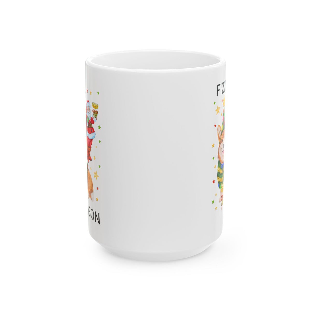 Fizz the Season: Funny Santa and Corgi Christmas Coffee Mug with Stars, Cute Holiday Drinking 15 Oz Coffee Mug for Friend Group or Family