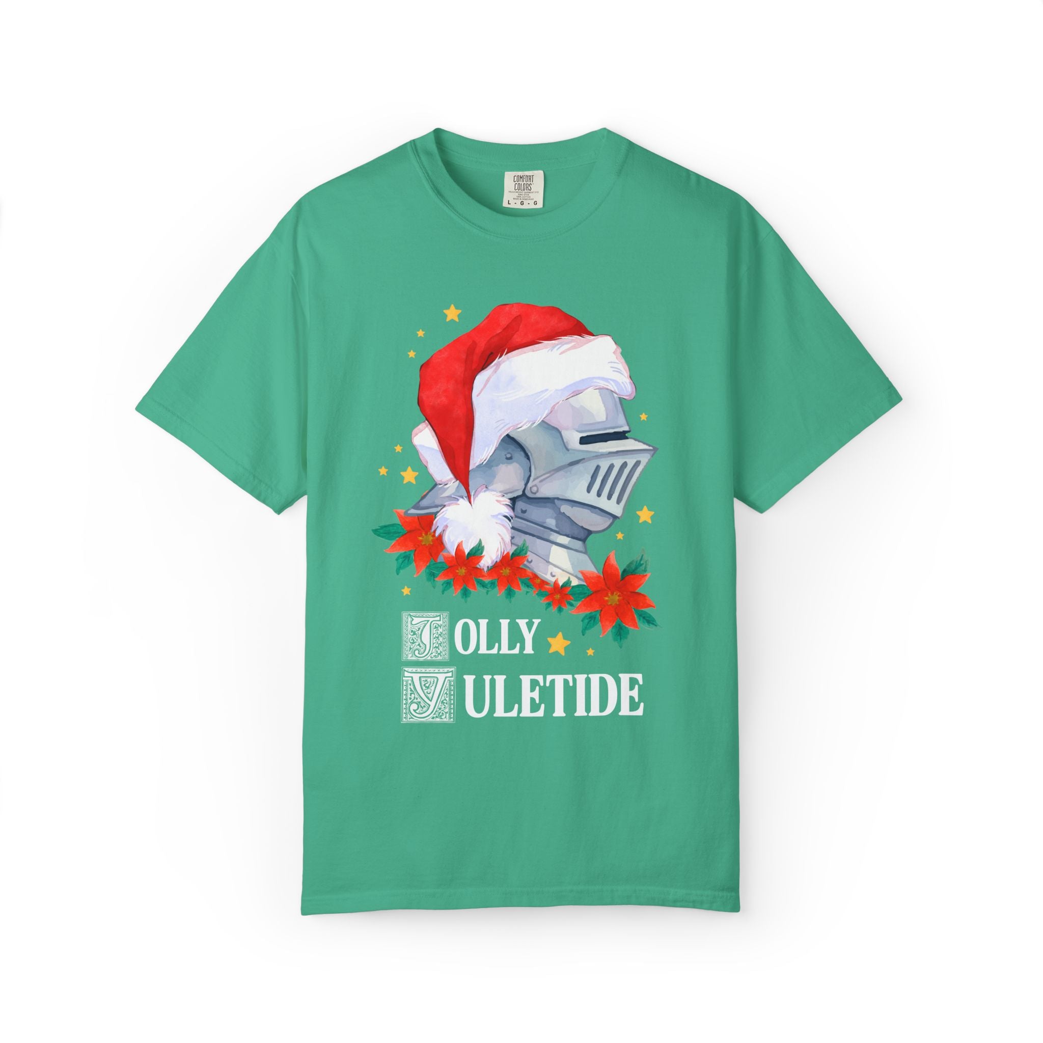 Medieval Christmas Tee Shirt with Knight Wearing a Santa Hat: Jolly Yuletide Silly History Lover T-Shirt, Funny Middle Ages Holiday T-Shirt