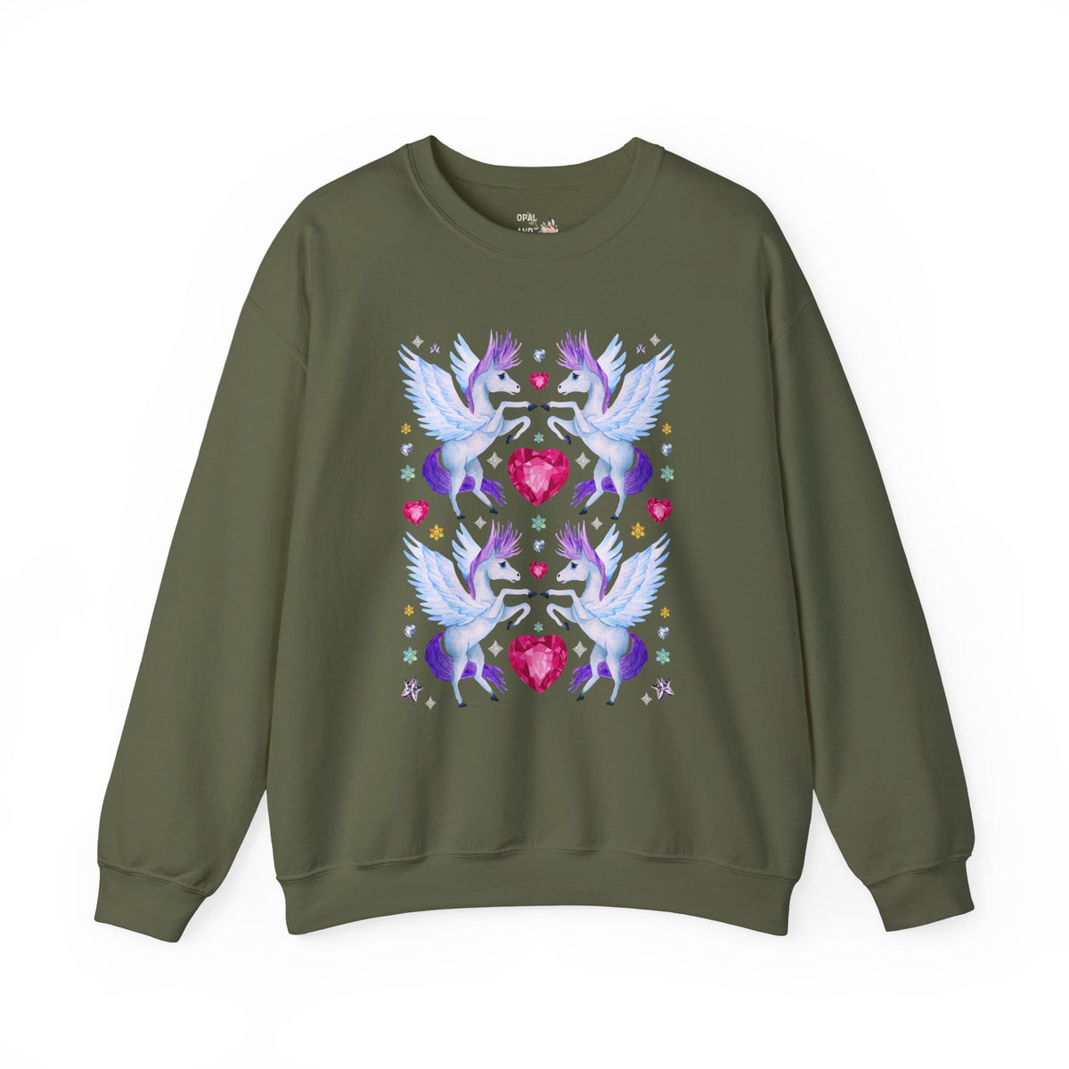 Horse Lover Nostalgic Blue and Purple Pegasus Sweatshirt with Hearts: Cute and Silly Y2K Aesthetic Animal Lover Crewneck for Fantasy Reader Bookworm