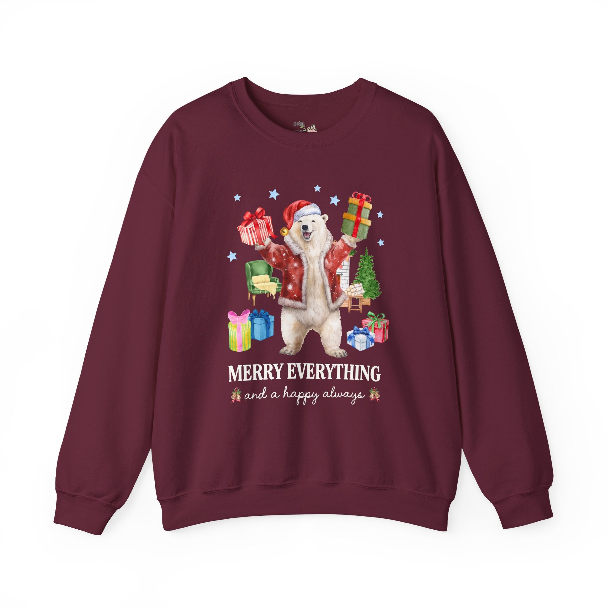 Kitschy Animal Lover Christmas Sweatshirt with Polar Bear Holding Presents: Merry Everything and a Happy Always, Silly Maximalist Xmas Crewneck