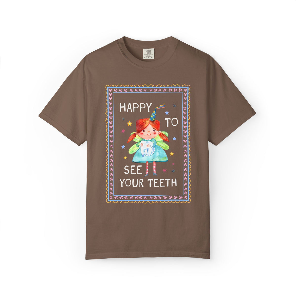 Happy to See Your Teeth: Funny Dentist or Dental Assistant T-Shirt with Tooth Fairy Holding a Tooth, Silly New Dentist Tee with Stars