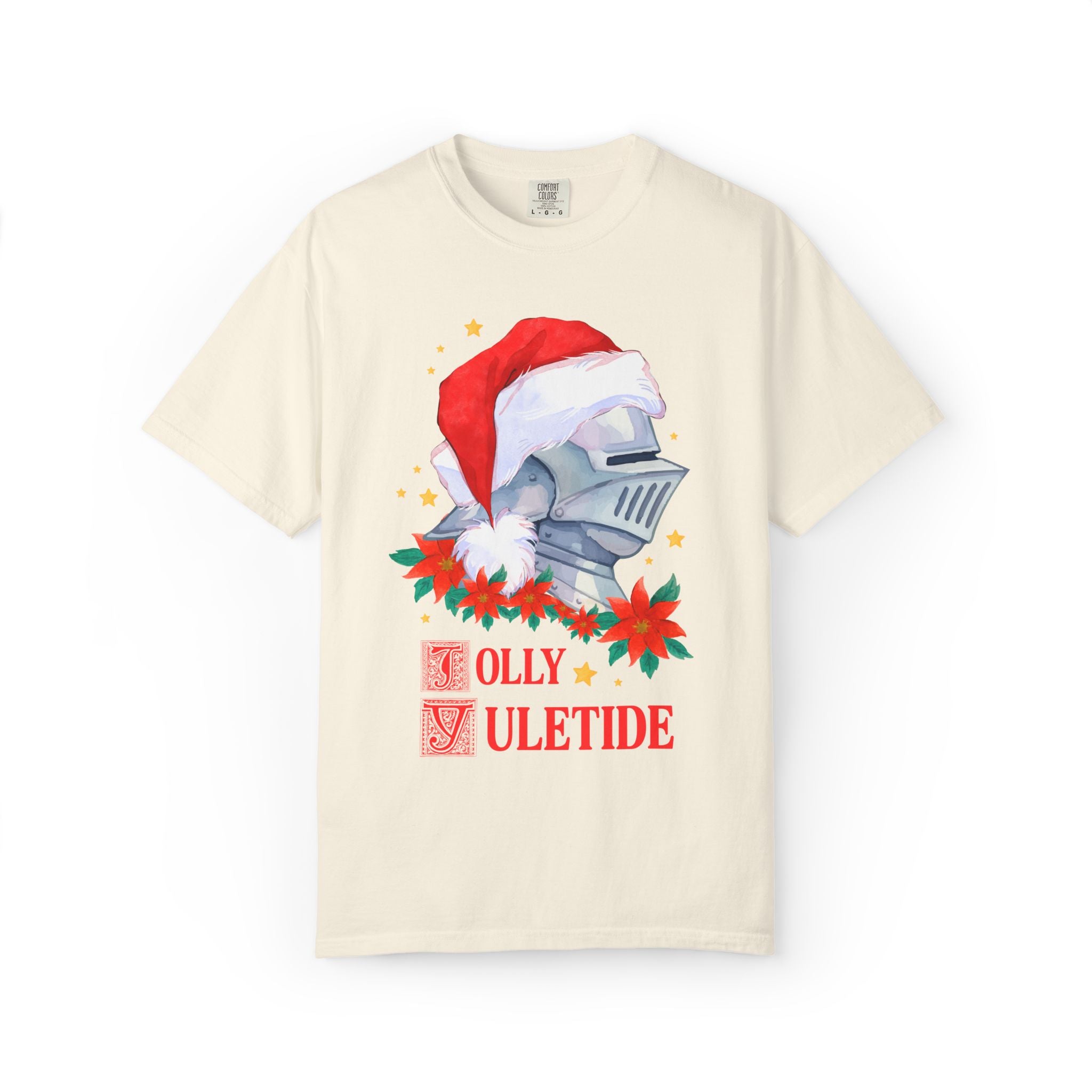 Medieval Christmas Tee Shirt with Knight Wearing a Santa Hat: Jolly Yuletide Silly History Lover T-Shirt, Funny Middle Ages Holiday T-Shirt