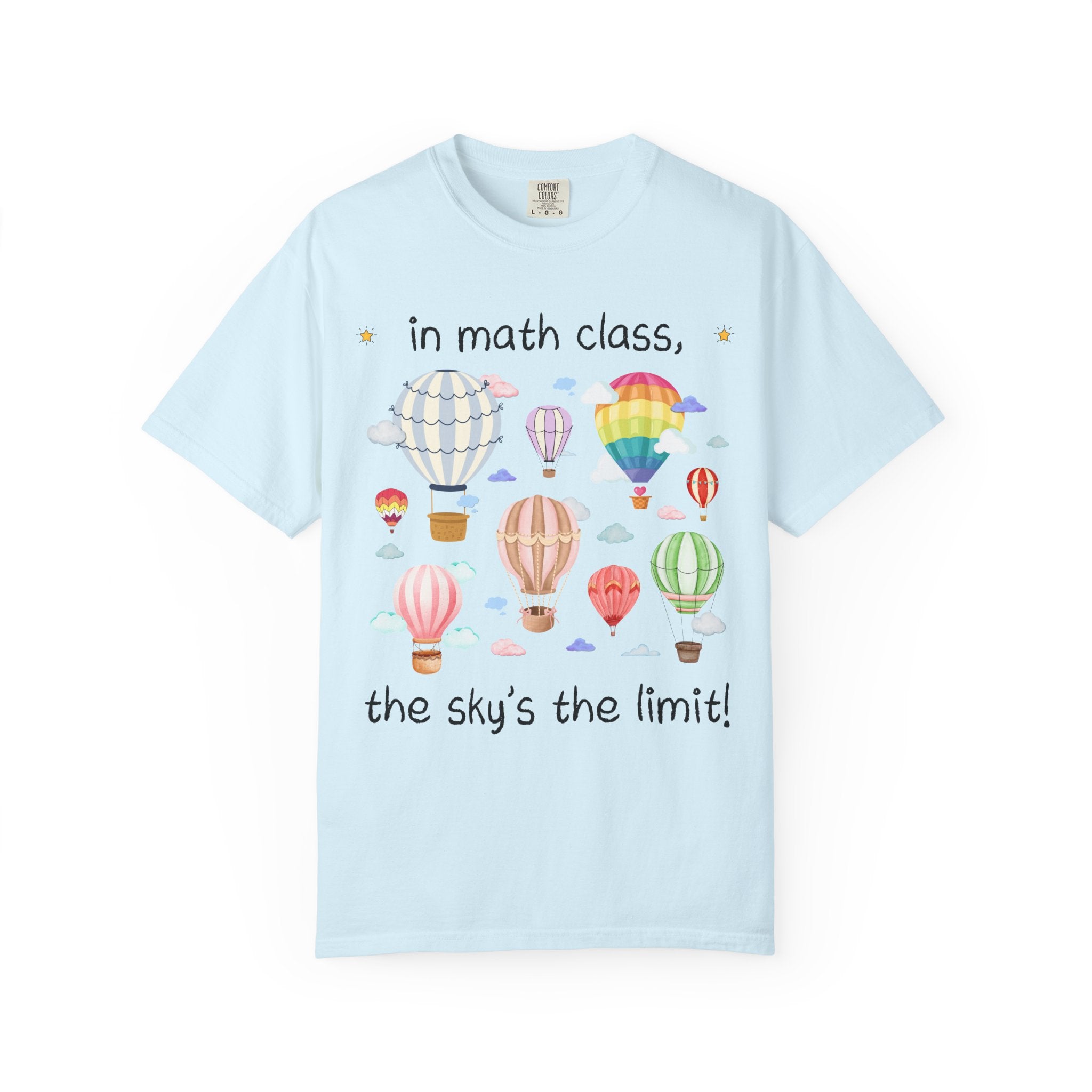 Math Teacher T-Shirt with Cute Retro Hot Air Balloons, Uplifting Colorful Maximalist Back to School Matching Math Department Tee with Clouds