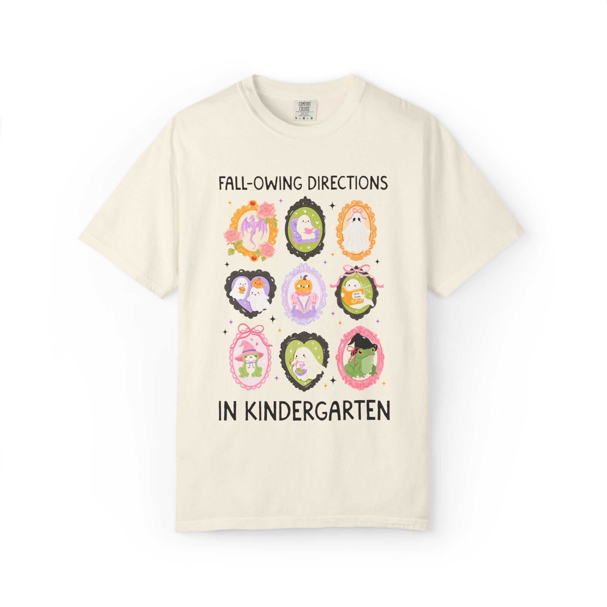 Kindergarten Halloween Teacher Tee: Fall-Owing Directions Pastel Goth Teacher Team T-Shirt for Fall, Cute Spooky Season Frog Tee with Ghosts