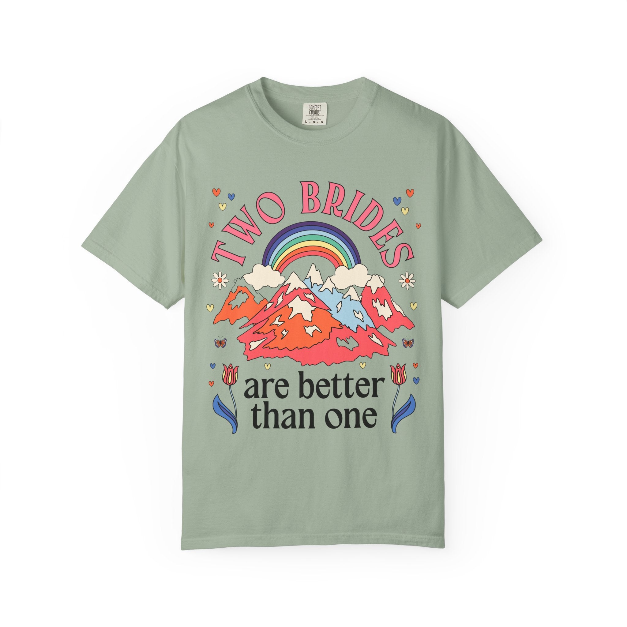Lesbian Bachelorette Tee Shirt for LGBTQ Wedding Party: Two Brides are Better Than One Nostalgic 70s Aesthetic Rainbow Tee for Bridesmaids