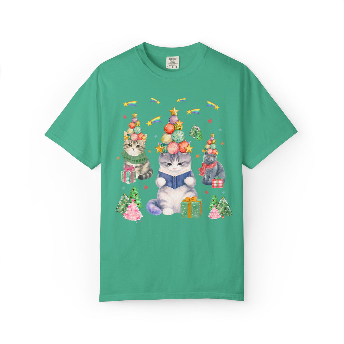 Bookish Cat Christmas Tee Shirt with Shooting Rainbow Stars, Funny Dreamcore Kitten 90s Aesthetic T-Shirt for Cat Mom or Cat Dad, Animal Lover Tee