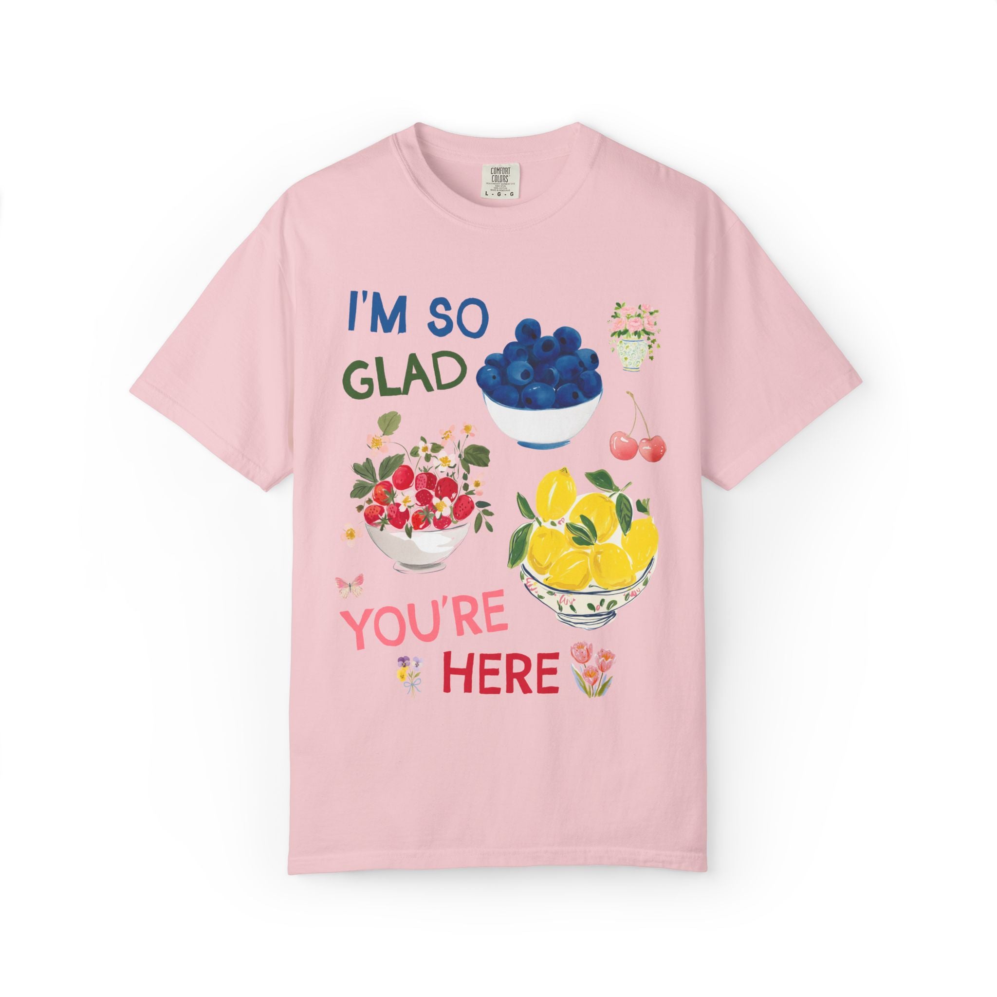 I'm So Glad You're Here Back to School Teacher T-Shirt with Strawberries Lemons and Blueberry Fruit, Whimsical Teacher Tee for First Day