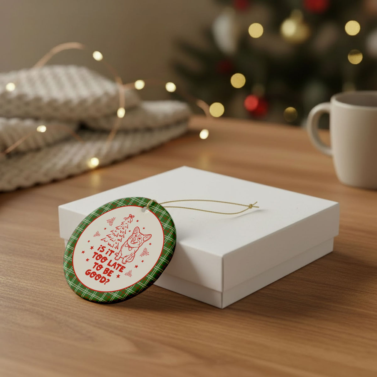 Is It Too Late to Be Good: Funny Christmas Ornament for Friend or Sibling Who Loves Corgis, Cute Animal Lover or Dog Owner Gift