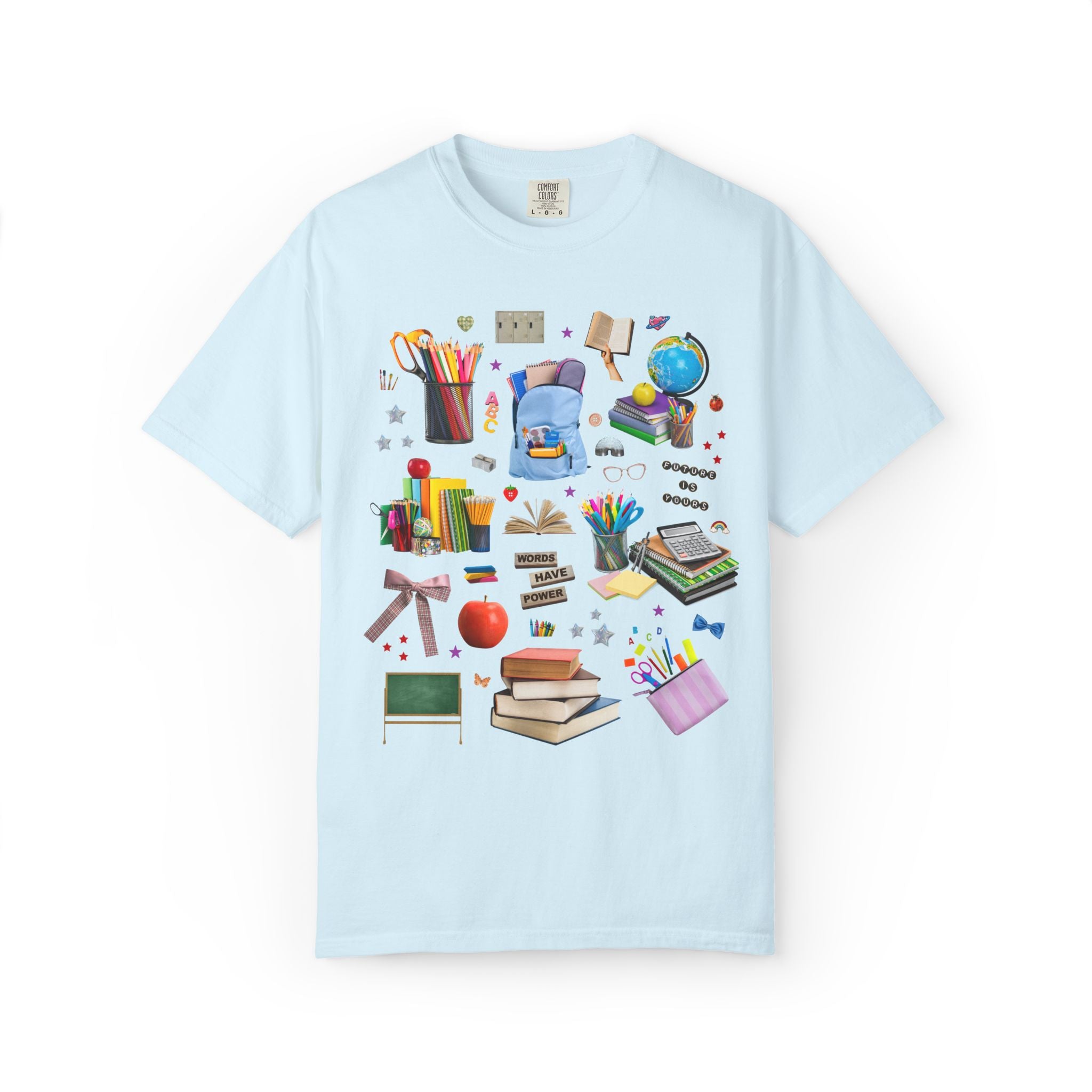 School Supply Matching Teacher T-Shirt for History Department or Middle School Office Staff, Words Have Power Education Collage with Stars