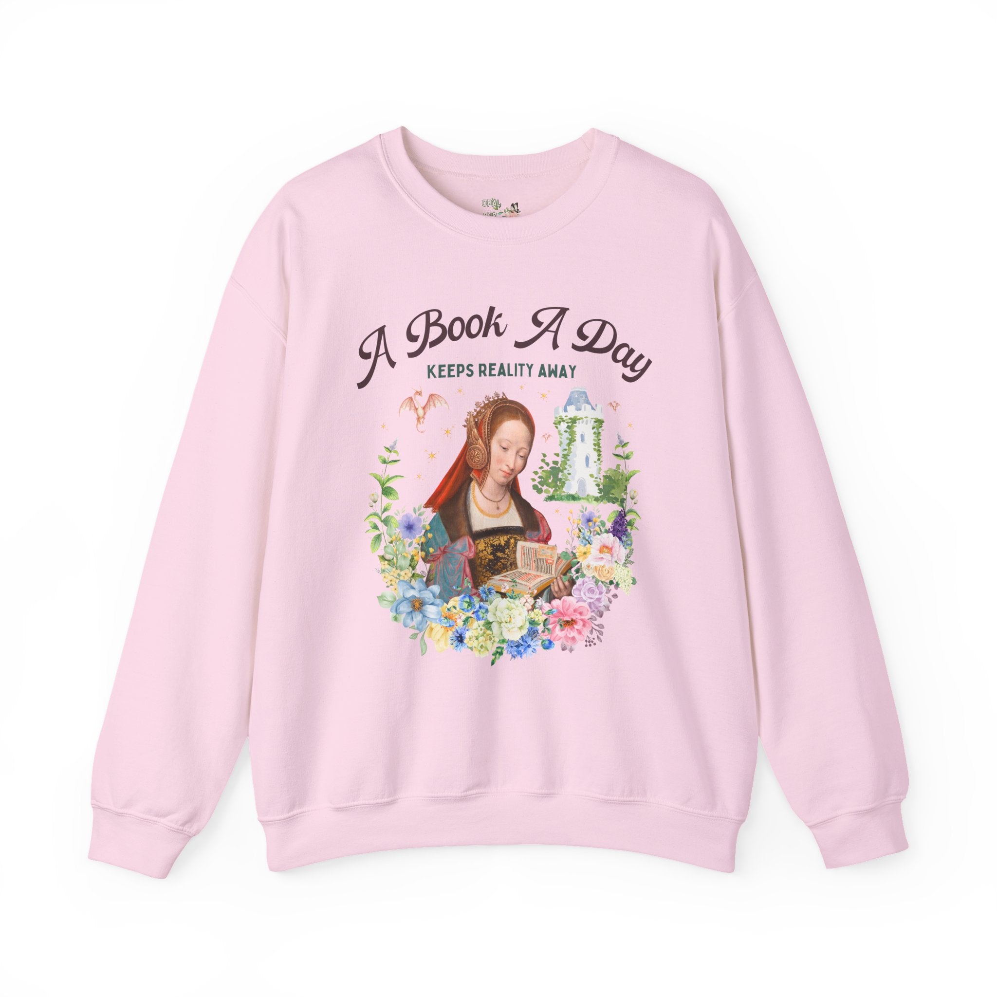 A Book A Day Keeps Reality Away: Bookish Art History Sweatshirt, The Master of Frankfurt Dragon Lover Fantasy Romance Reader Crewneck with Flowers