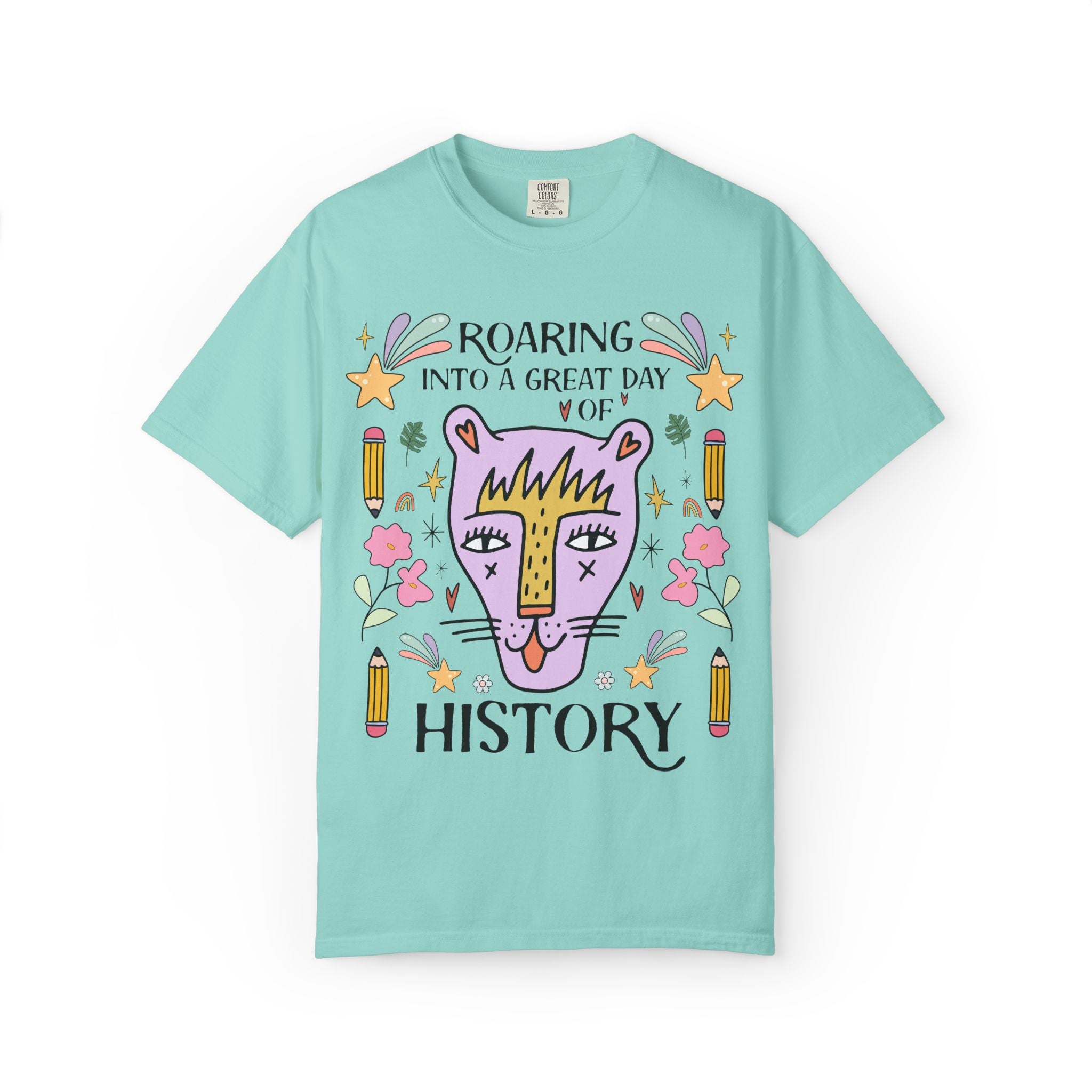 High School History Tee Shirt: Roaring Into a Great Day of Reading | Cute Eclectic Matching Teacher History Department Tee for Animal Lover