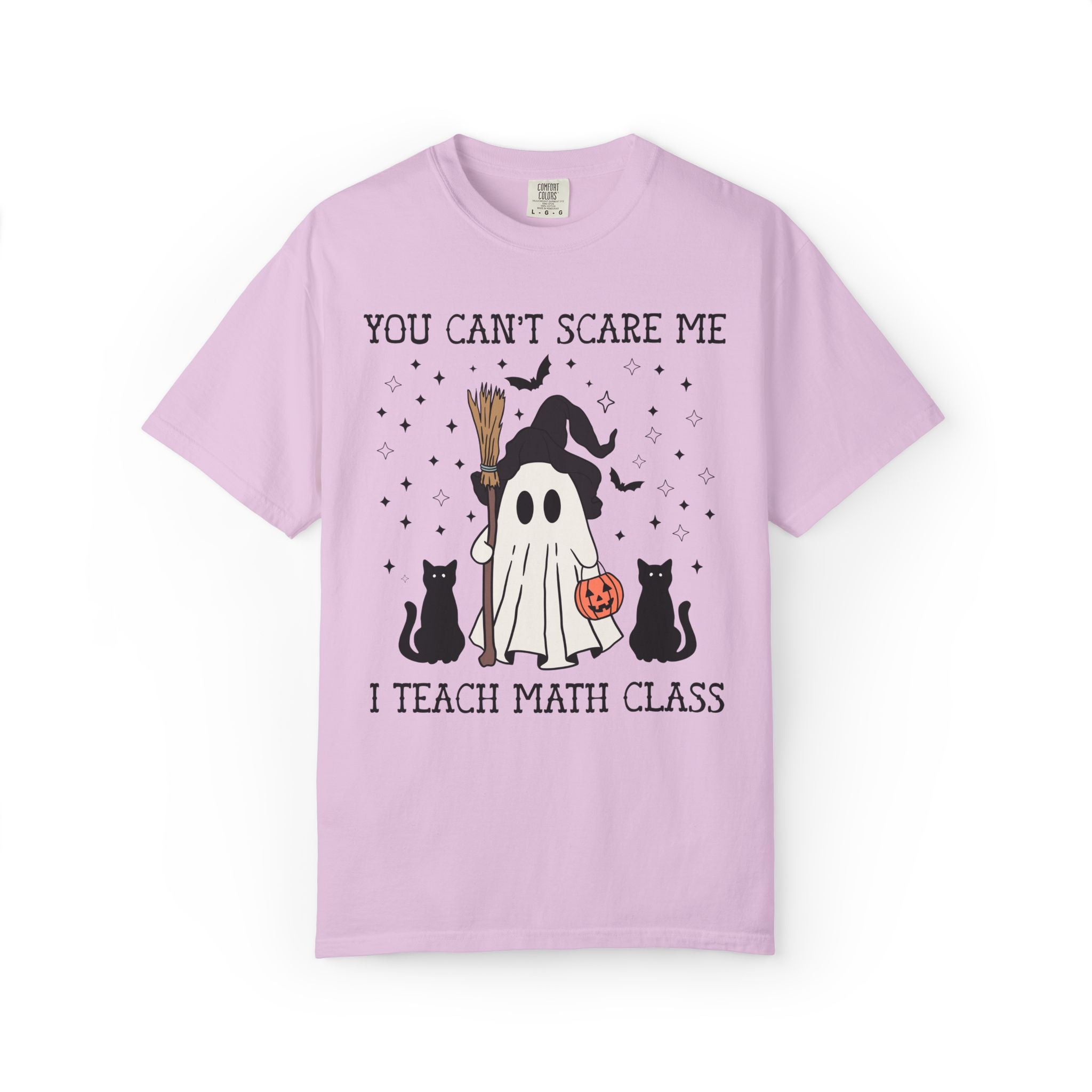 Math Teacher Halloween Tee Shirt with Witchy Ghost and Black Cats for Spooky Season: You Can't Scare Me, Math Department T-Shirt