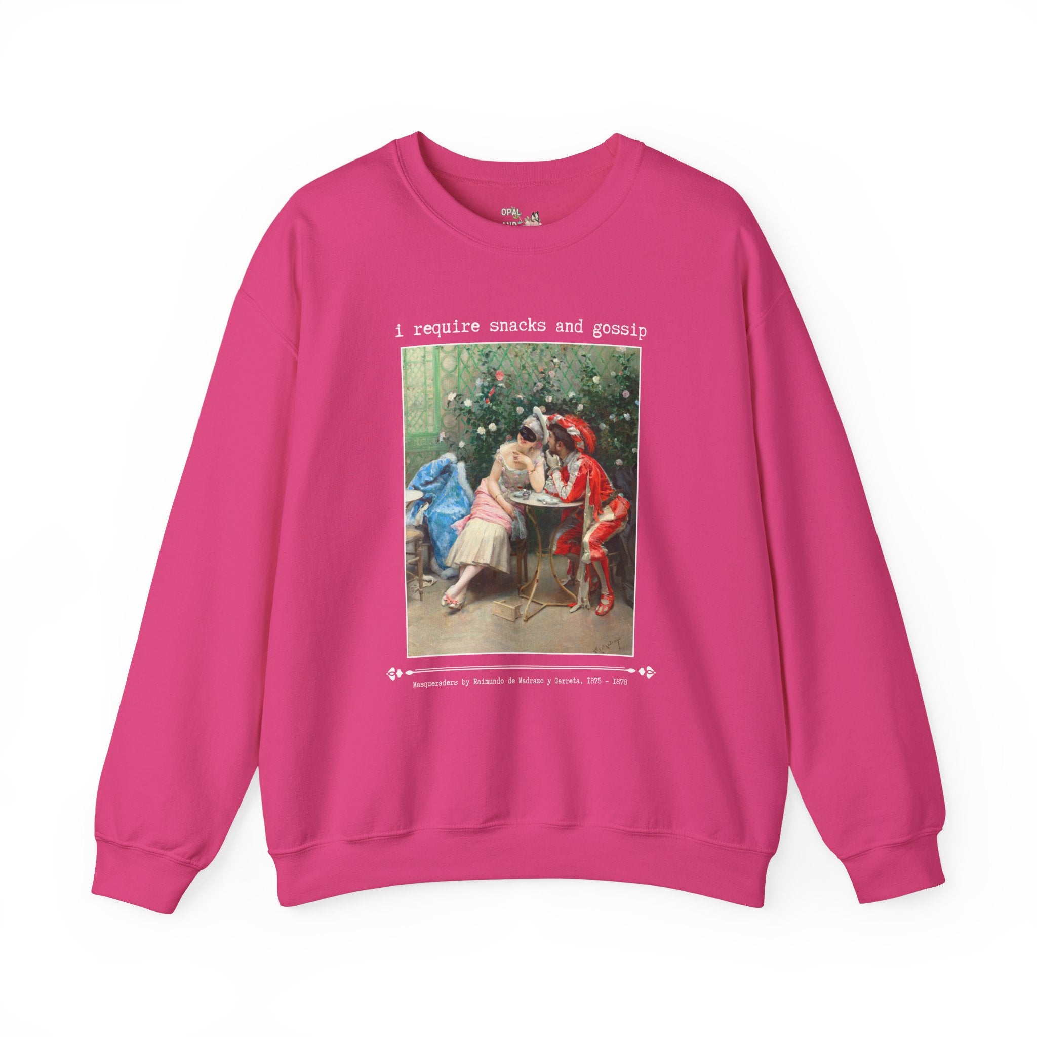 Funny Art History Sweatshirt for Friend Who Loves Snacks and Rococo Art: I Require Snacks and Gossip, Silly Vintage Aesthetic Crewneck with Flowers