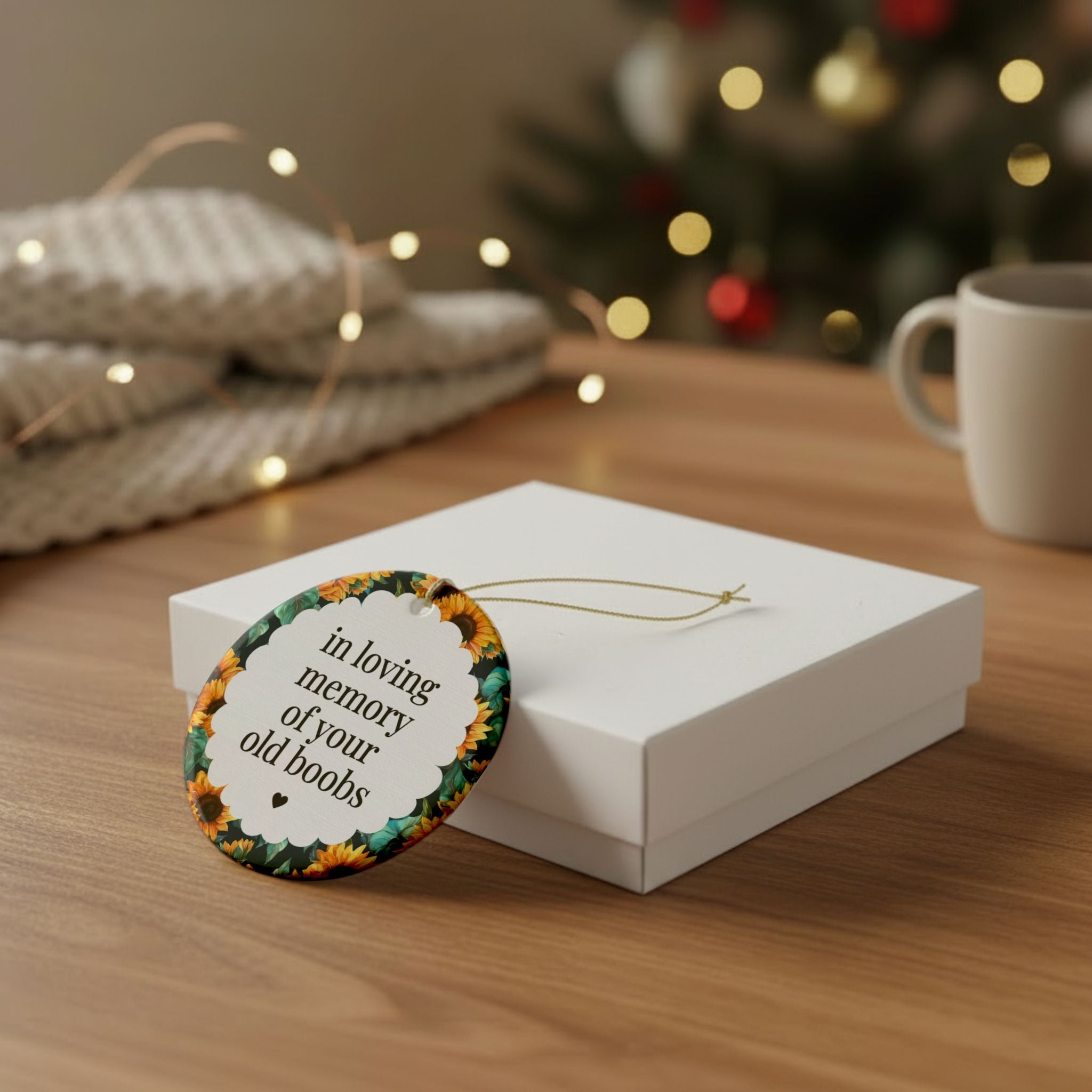 Funny Boob Job Christmas Ornament: In Loving Memory of Your Old Boobs | Silly Plastic Surgery Gift with Flowers, Silly New Boob Ornament Gift