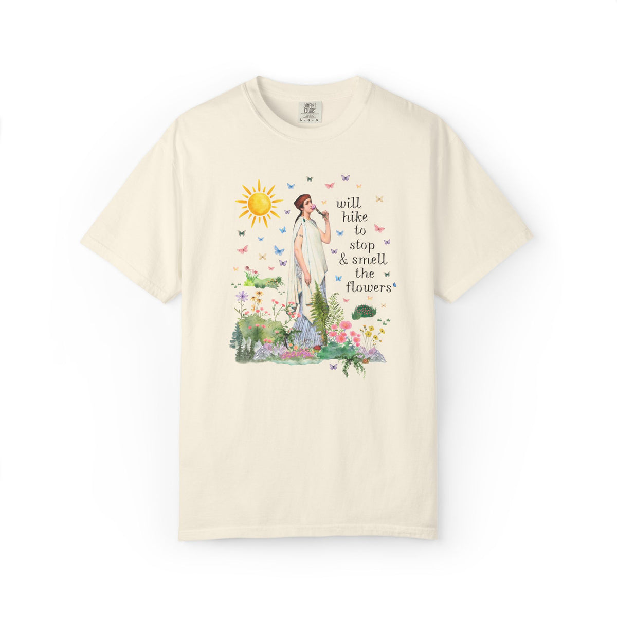 Hiking Art History Tee Shirt: Will Hike to Stop and Smell the Flowers, Funny Goblincore Hikinng Lover T-Shirt for Nature Lover or Gardener