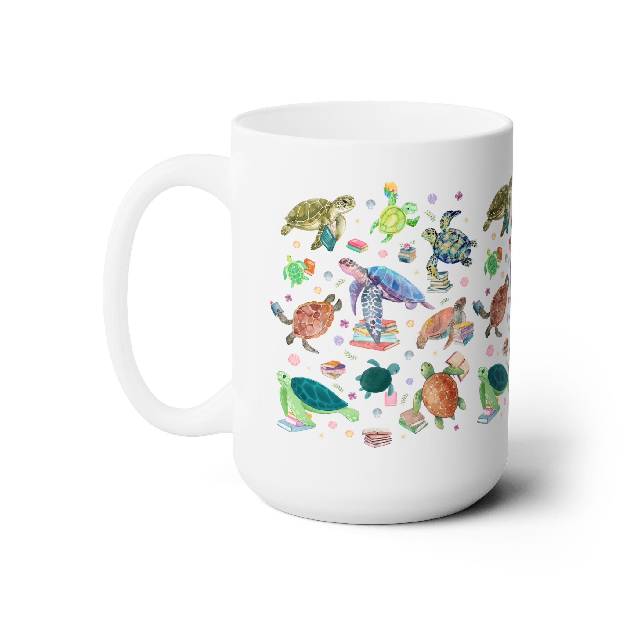 Bookish Turtle Mug for School Librarian or Reading Teacher: Silly Ocean Animal Lover Mug with Flowers and Books, Reading Month Gift